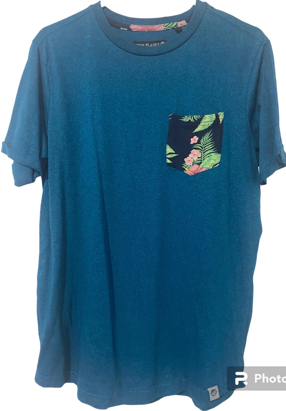 Free Planet Geometric Mens T Shirt Tee Medium Blue Floral Print Short Sleeve
