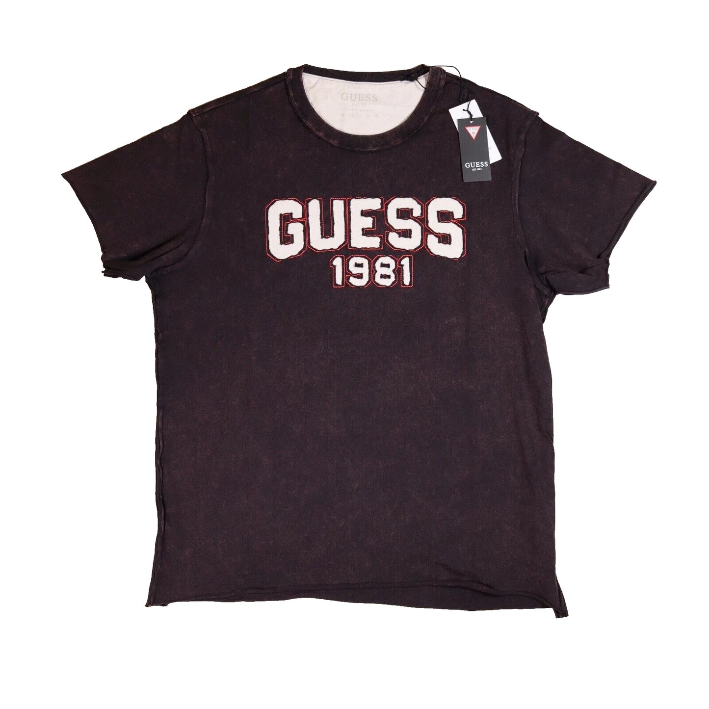 Guess TShirt Mens Medium Acid Wash Spellout Patchwork Logo Raw Hem BNWT Reg Fit