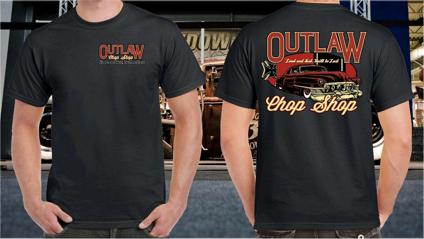 OUTLAW CHOP SHOP HOT ROD T-SHIRT T SHIRT CLOTHING 100% COTTON RAT ROD RETRO