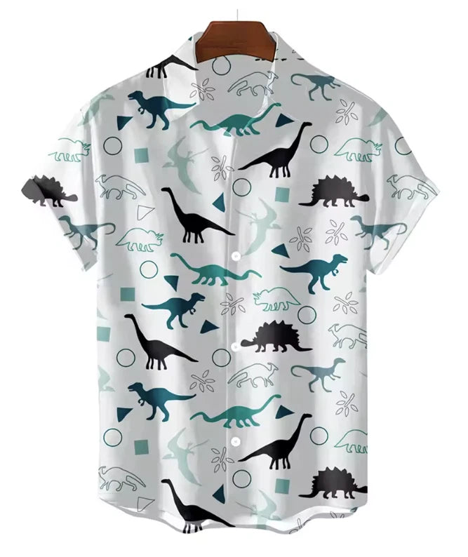 Mens Button Down Shirts Dinosaur T-Rex Printed Hawaiian Tops Novelty Ugly Gift
