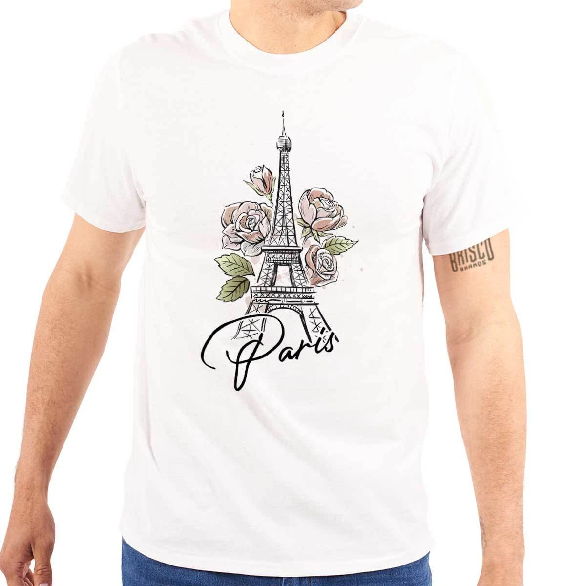 Cute Paris France Rose Flower Eiffel Tower Womens or Mens Crewneck T Shirt Tee