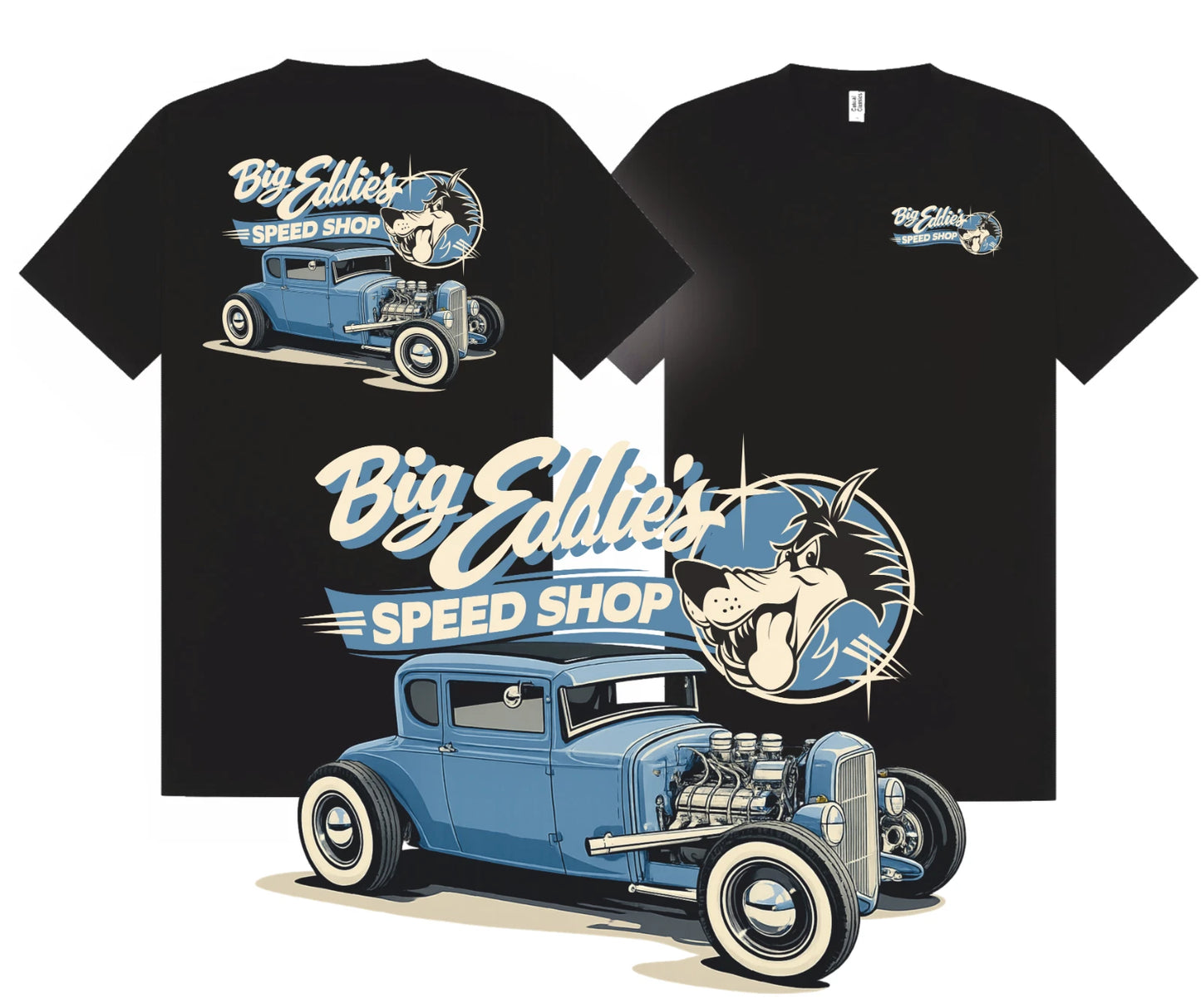 Big Eddie's Vintage Style Hotrod Top Tee Classic Wolf Logo T Shirt Gift