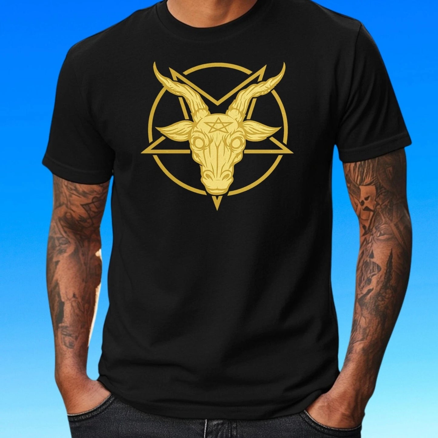 Mens Baphomet Pentagram Motif Cotton T-Shirt Size XS to 5XL