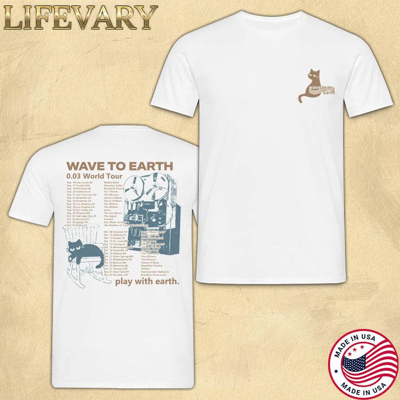 Wave To Earth Graphic Tee | White Cat Artwork Shirt | Indie Music Fan Merch