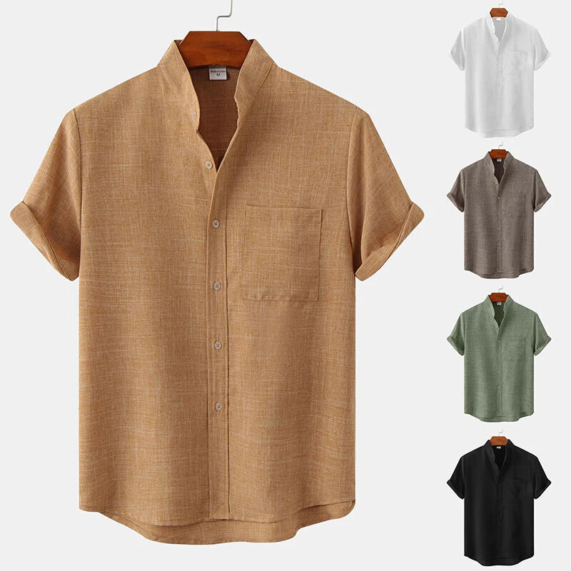 Mens Stand Collar Solid Color Shirt Casual Loose Button Short Sleeve Blouse Top