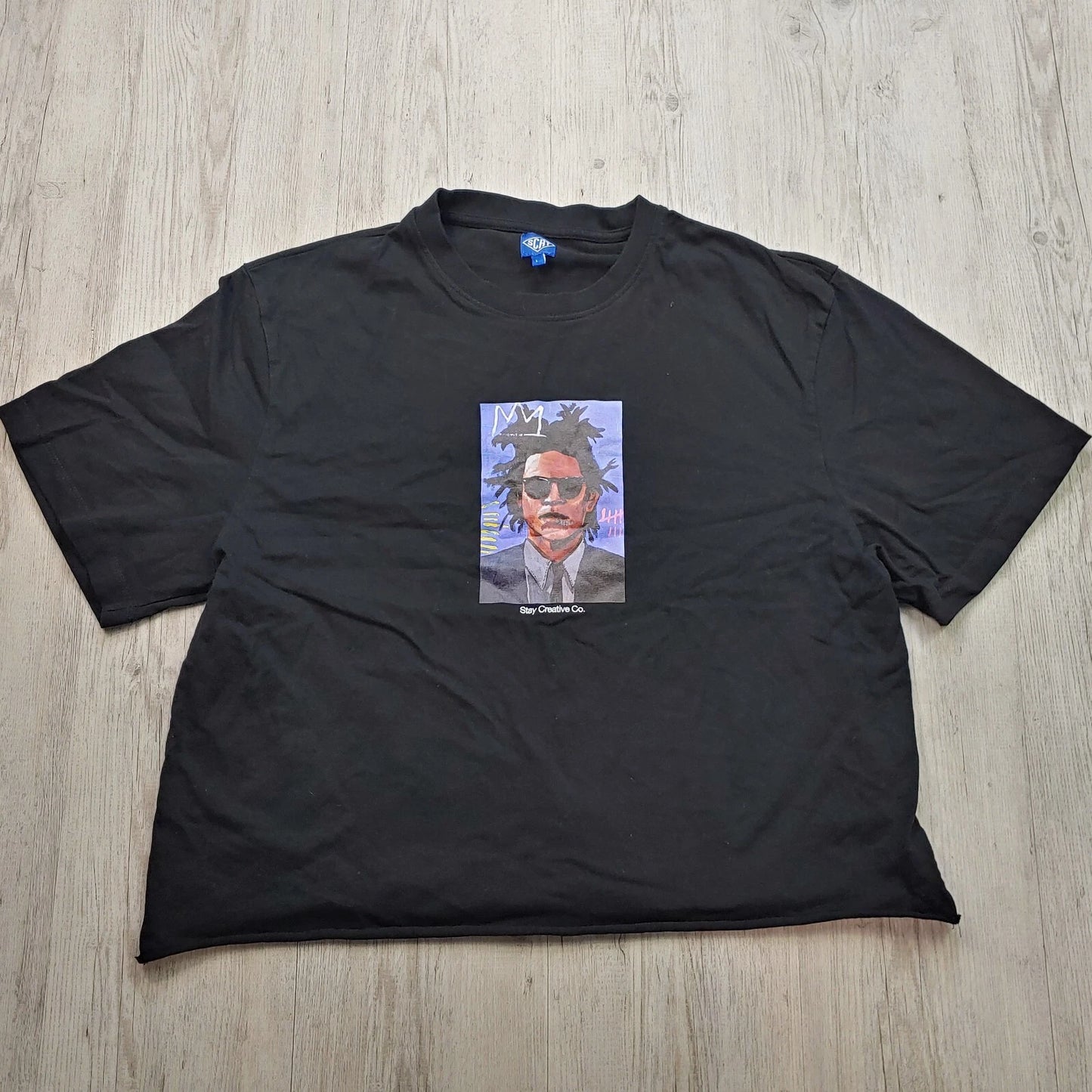 Stay Creative Co. Men's Basquiat Graphic T-Shirt XL Black Cropped Hem Streetwear