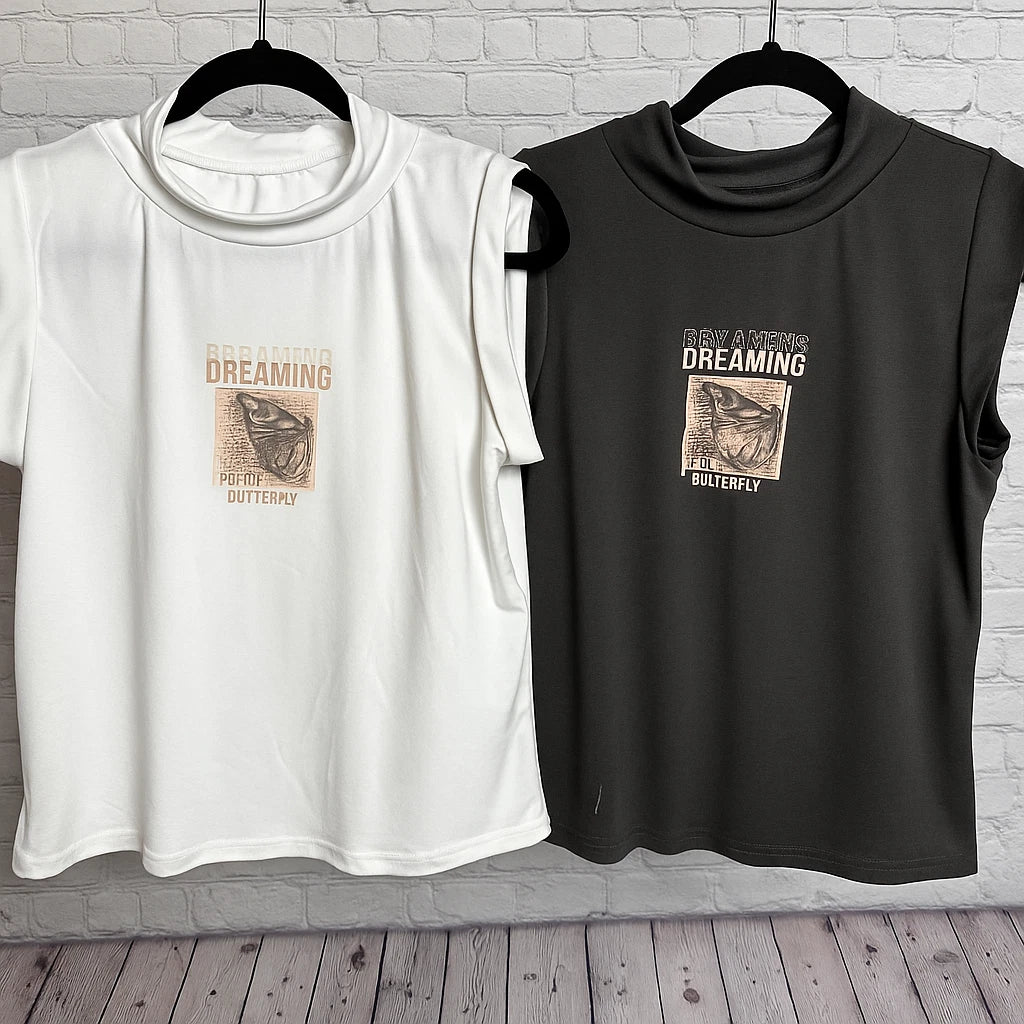 Dreaming Paper Butterfly High Neck Sleeveless Graphic Tee White L/XL or Black S