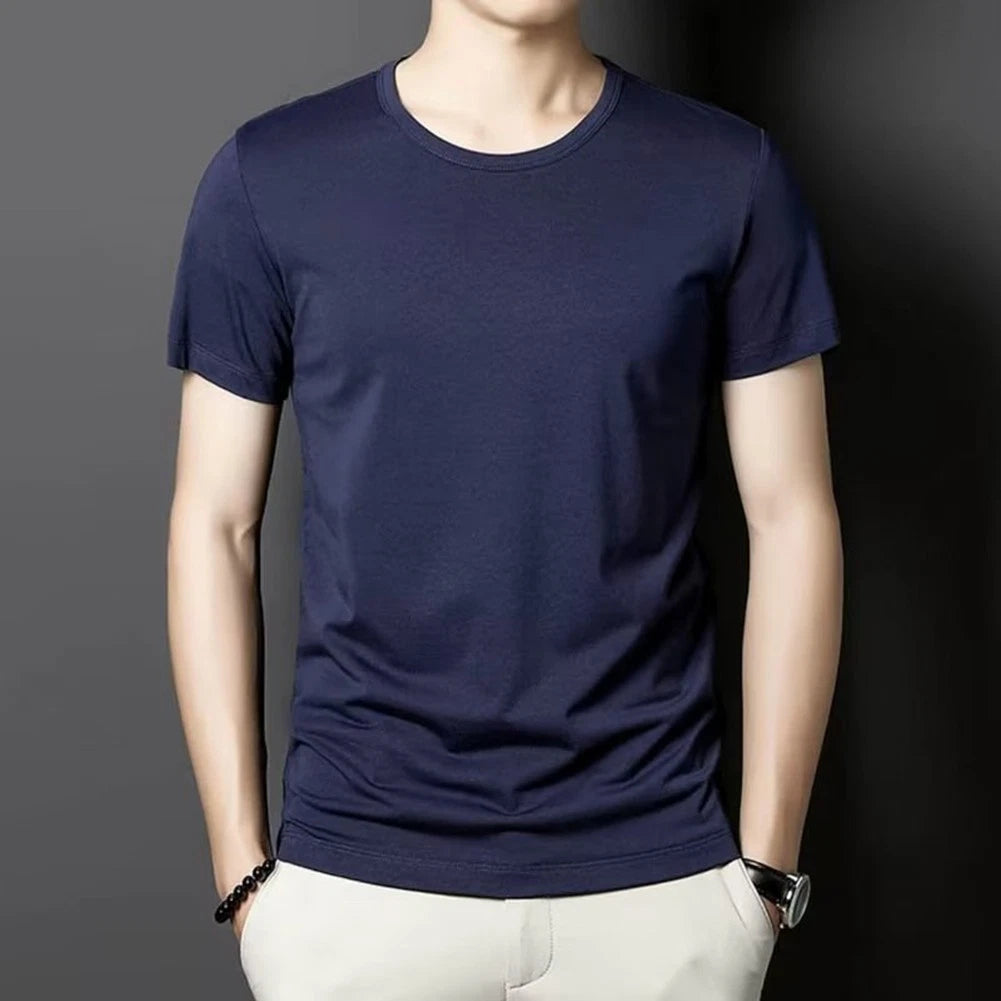Minimalist Pullover Men's Slim Fit Round Neck Solid Color Short Sleeve Tee