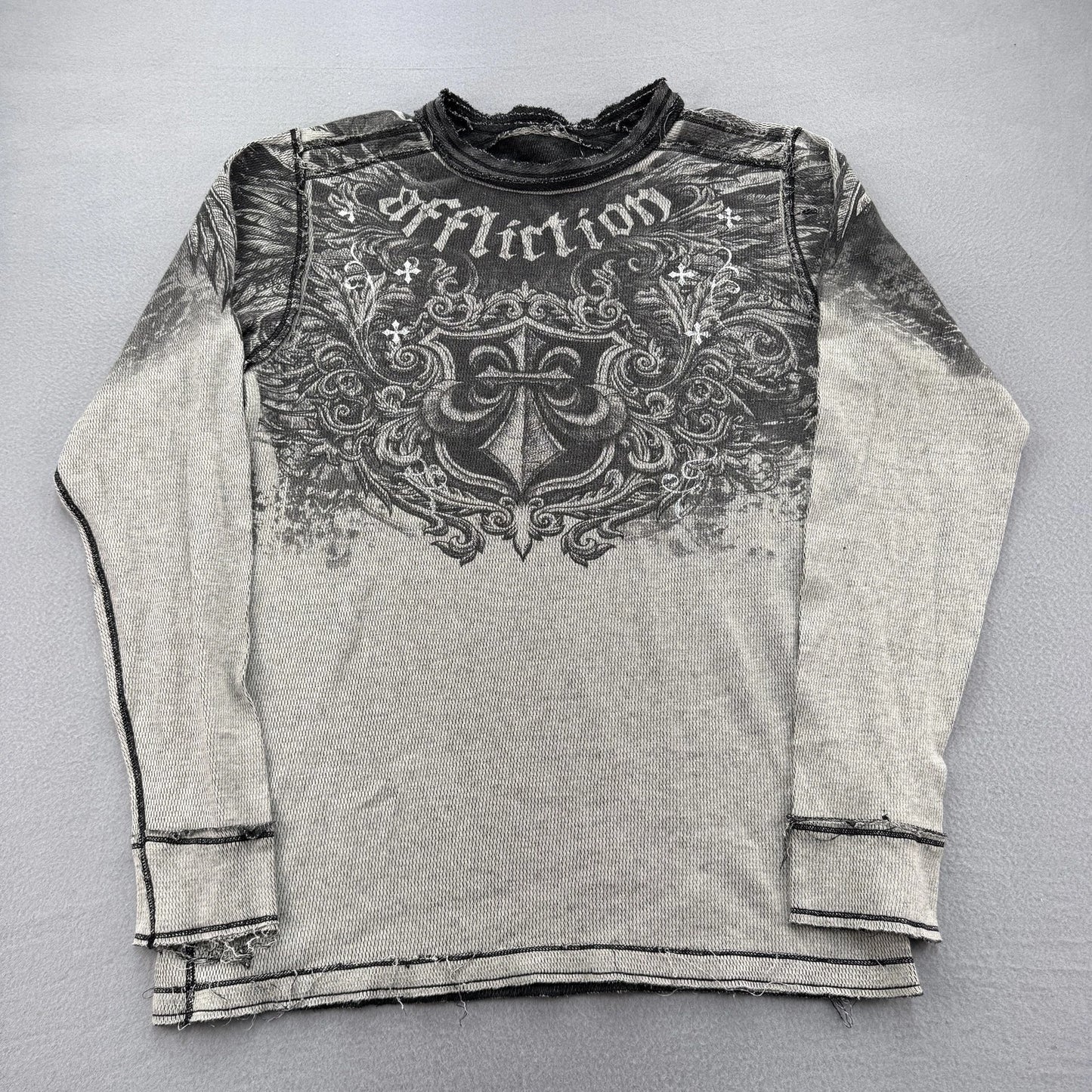 Affliction Shirt Mens Medium Gray Black Long Sleeve Distressed Graphic MMA Style