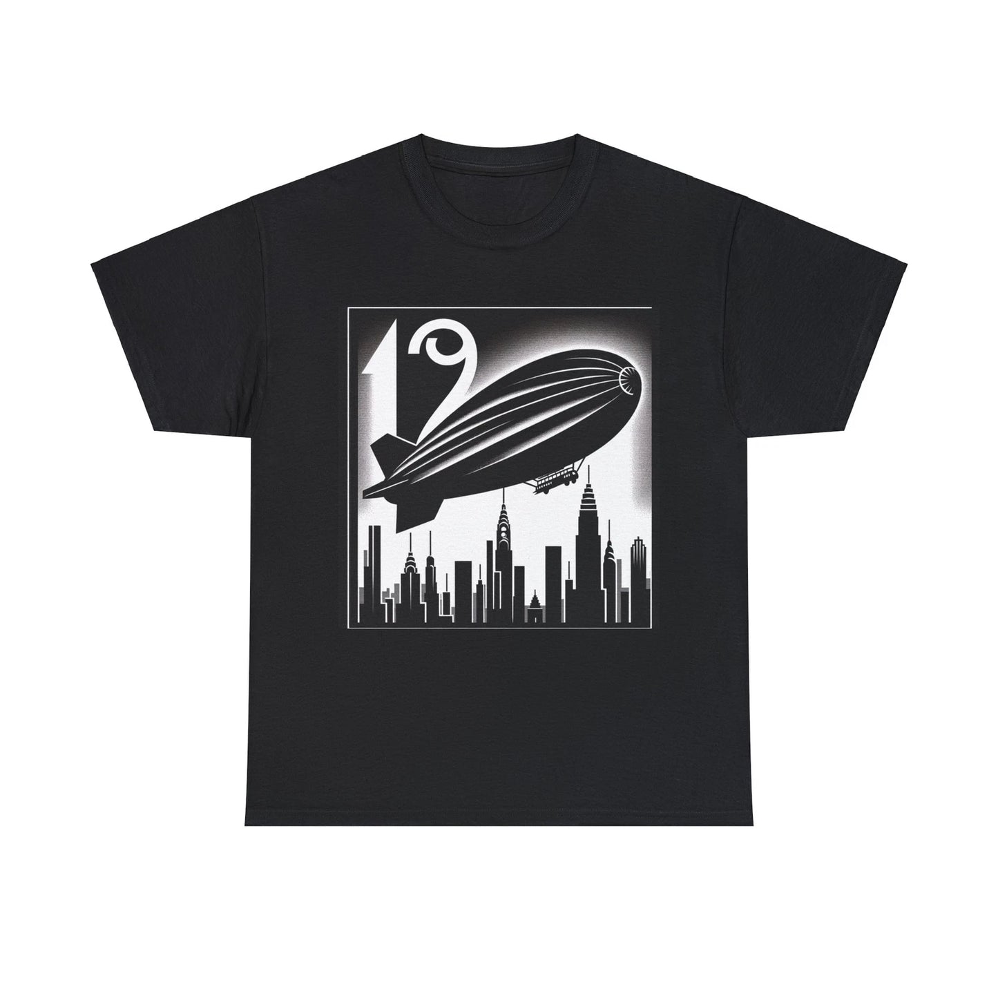 Unisex Adult T Shirt Art Deco Zeppelin Over Skyline Monochrome Minimalist Tee