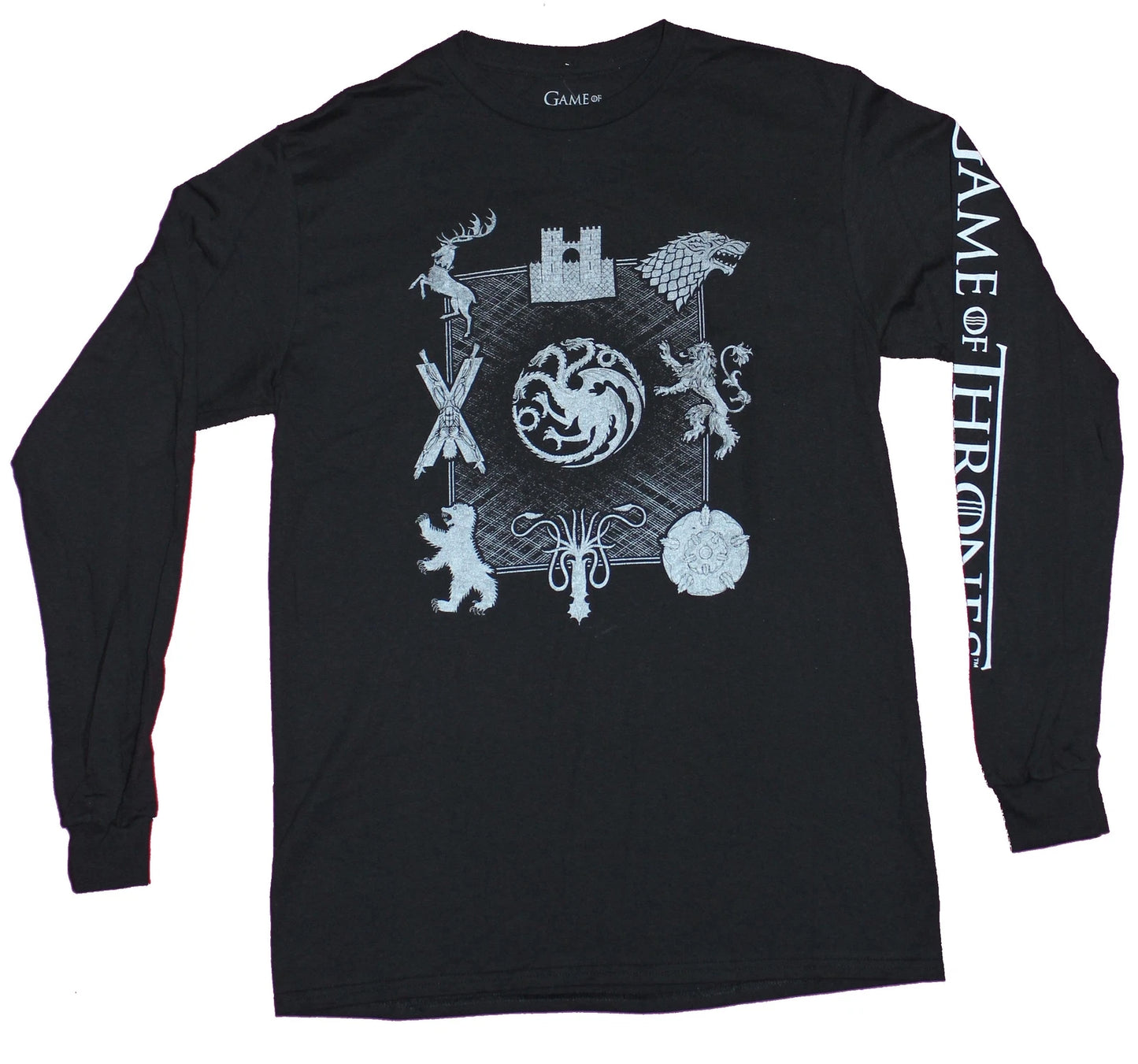 Game of Thrones Mens Long Sleeve T-Shirt - 9 Houses Sigil & Word Sleeves