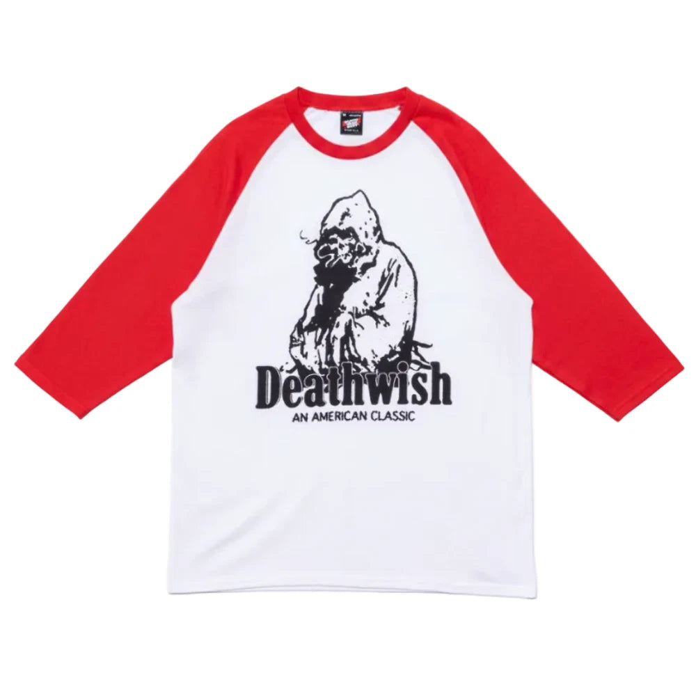 Deathwish Shirt Classic 3/4 Sleeve Raglan White Red Skateboard Mens