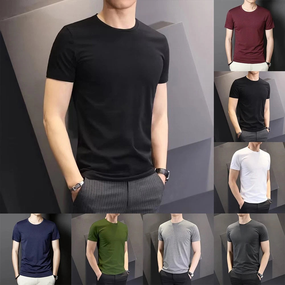 Men Slim Fit Round Neck Short Sleeve T-Shirt Polyester Spandex Solid Color Top
