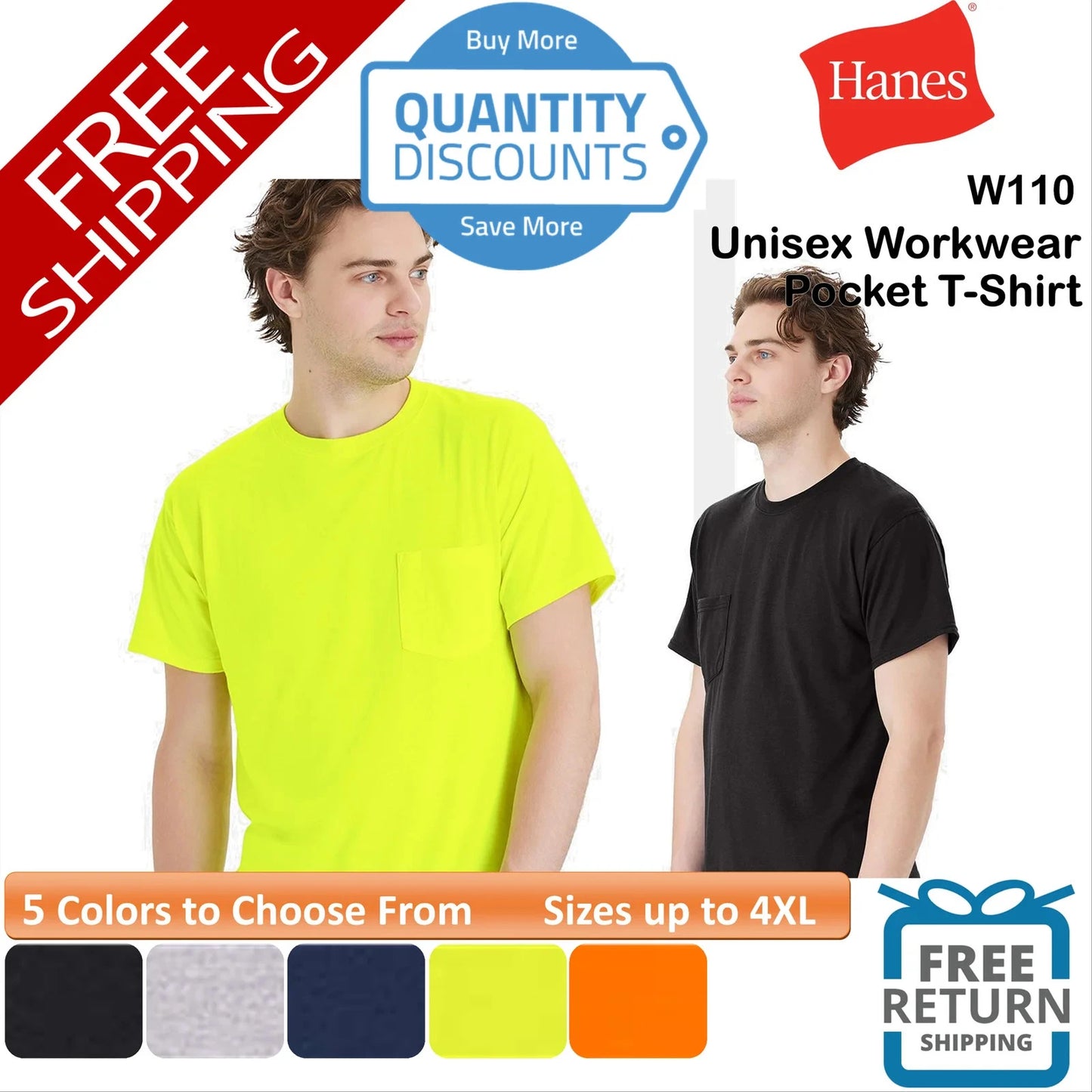 ๐ฅ Hanes Unisex Workwear Short Sleeve Blend Pocket T-Shirt Up To 4XL W110