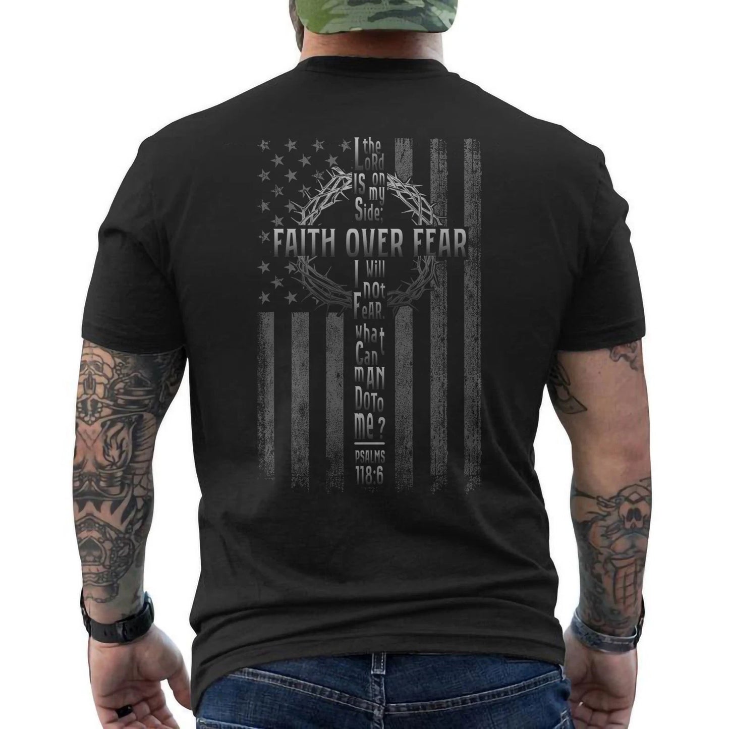 Faith Over Fear Shirt Christian American Flag Christ Cross Faith Gift ON BACK