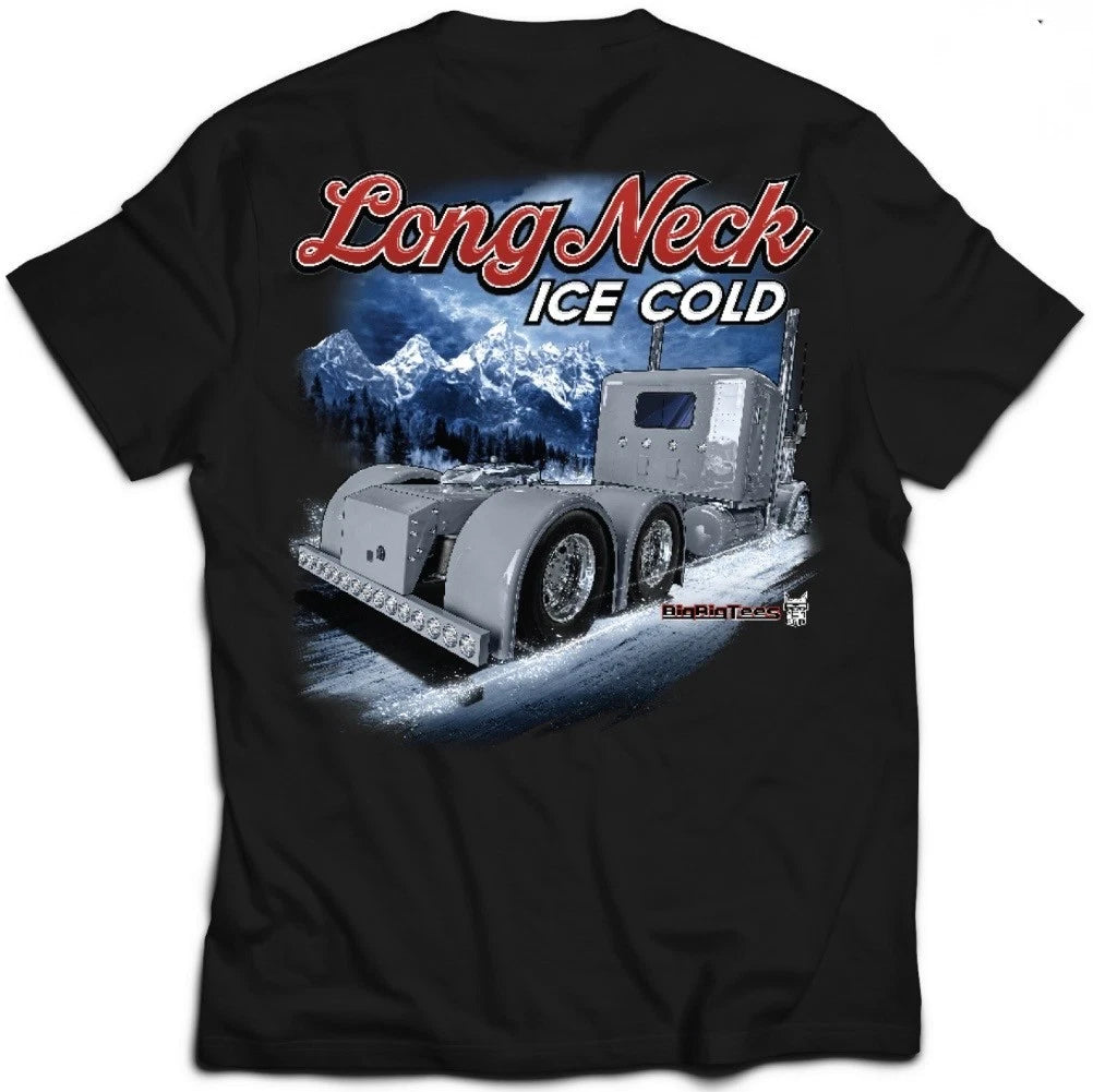 Big Rig Trucks "Long Neck Ice Cold" T-Shirt, Black, Truck Driver Theme, Mountain