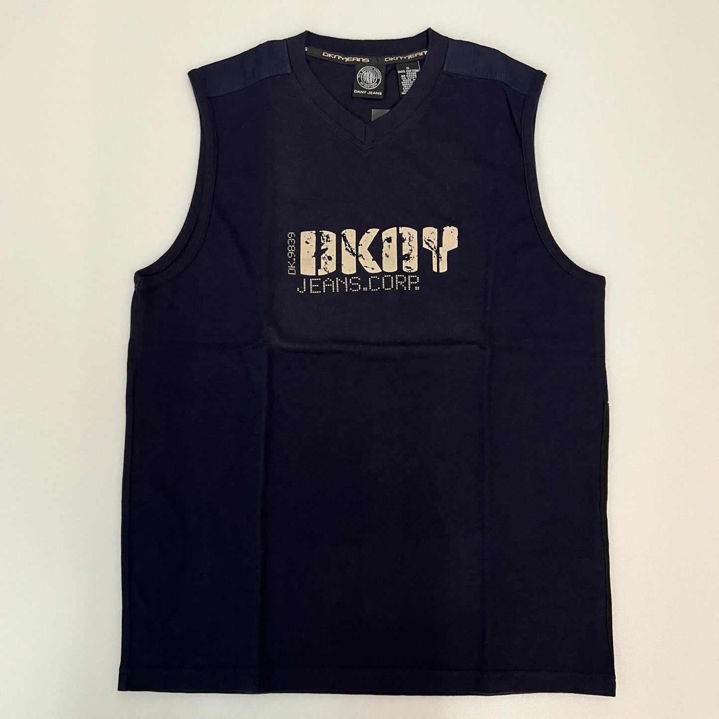DKNY Jeans Muscle Tee Men S Navy Blue V-Neck Distressed Graphic Logo VTG NWT