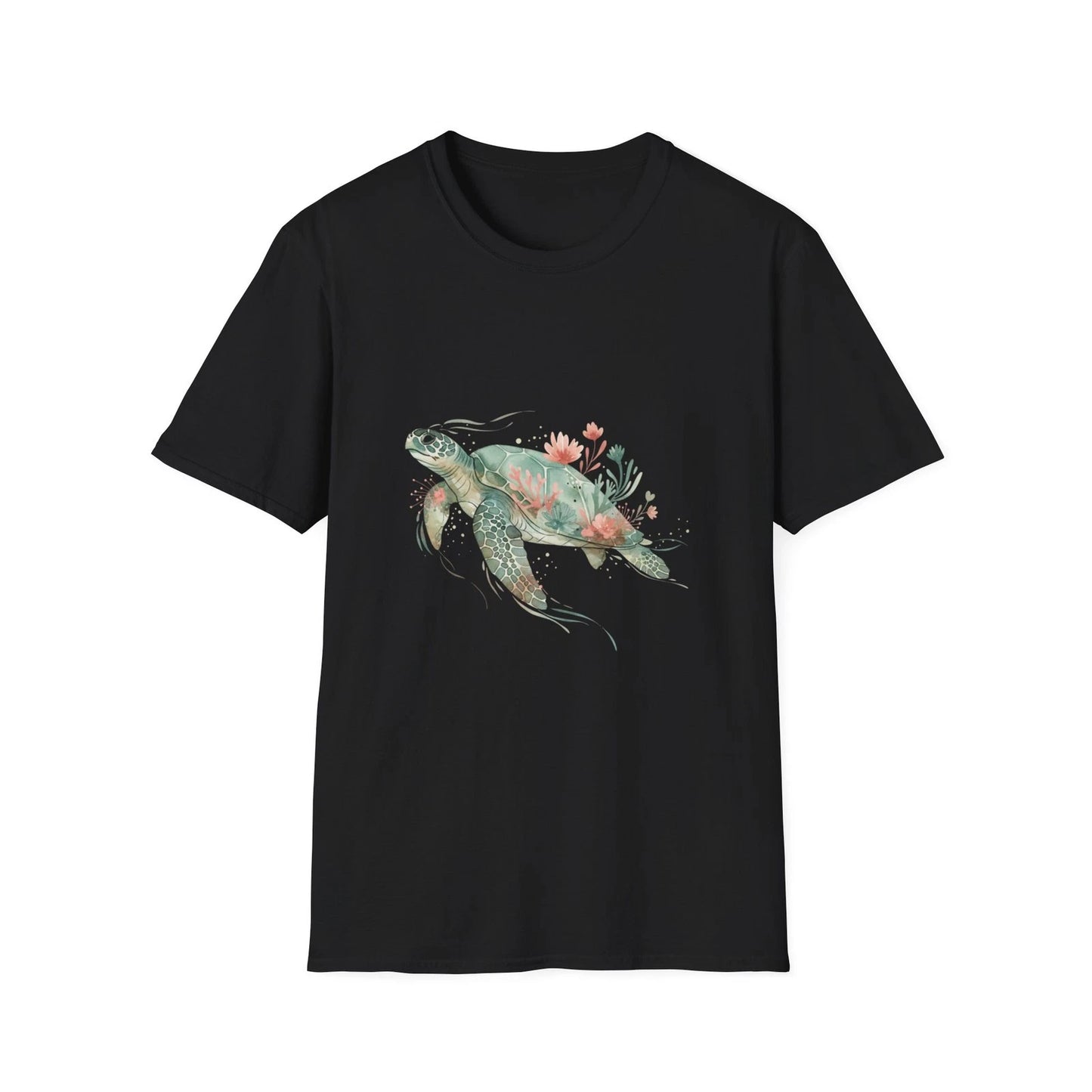 Turtle Ocean Floral Watercolor Boho Black Tee Nature Aesthetic T-Shirt