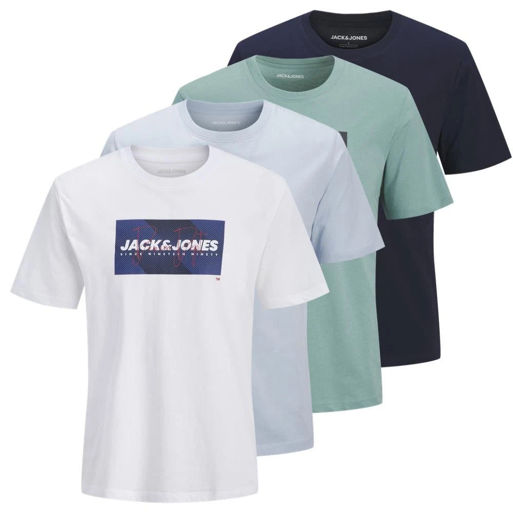 Jack & Jones Mens Crew Neck Short Sleeve T Shirts 4 Pack Cotton Casual Tee Tops