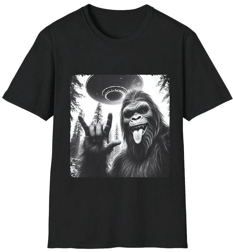 Bigfoot UFO Selfie Rock On Graphic T-Shirt Men's Funny Alien Camping Tee