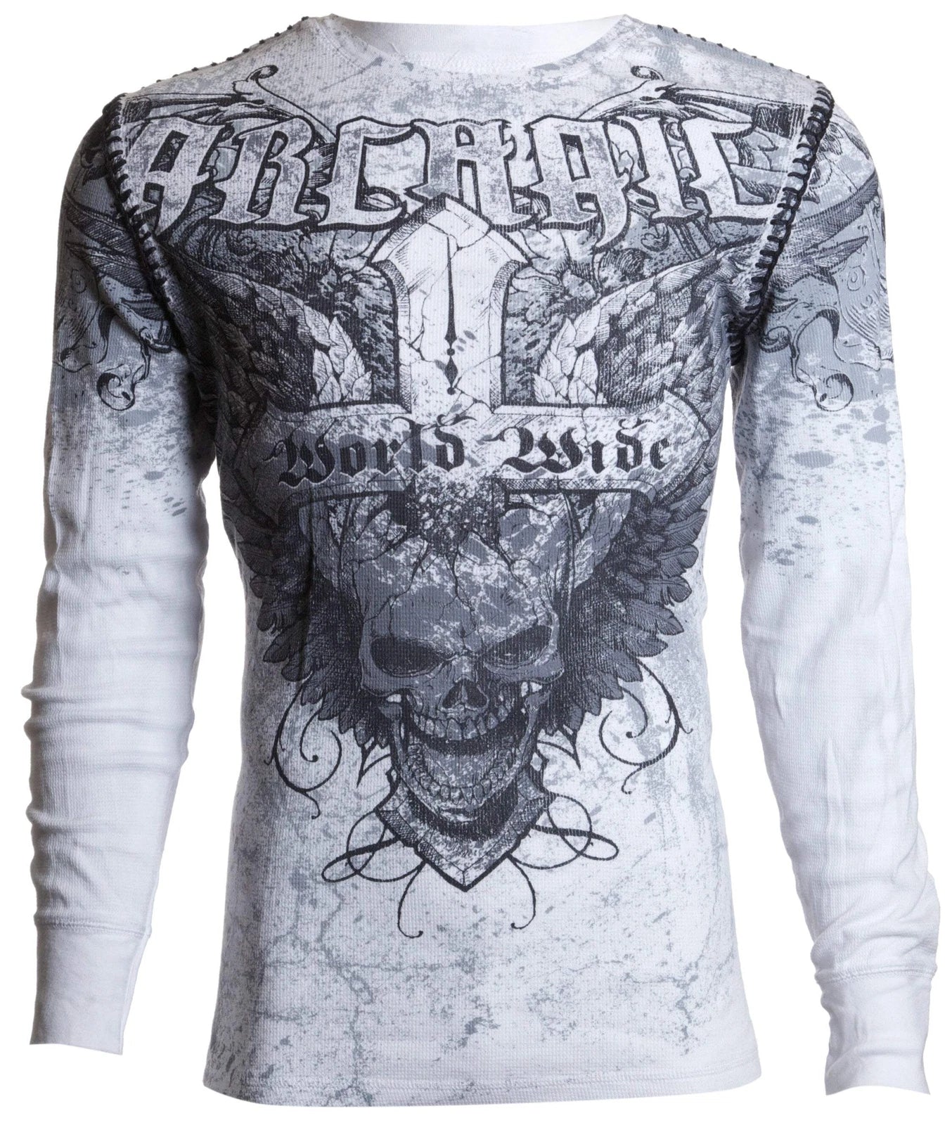 Archaic by Affliction Men's Thermal Shirt WORLD WIDE Skull Biker White