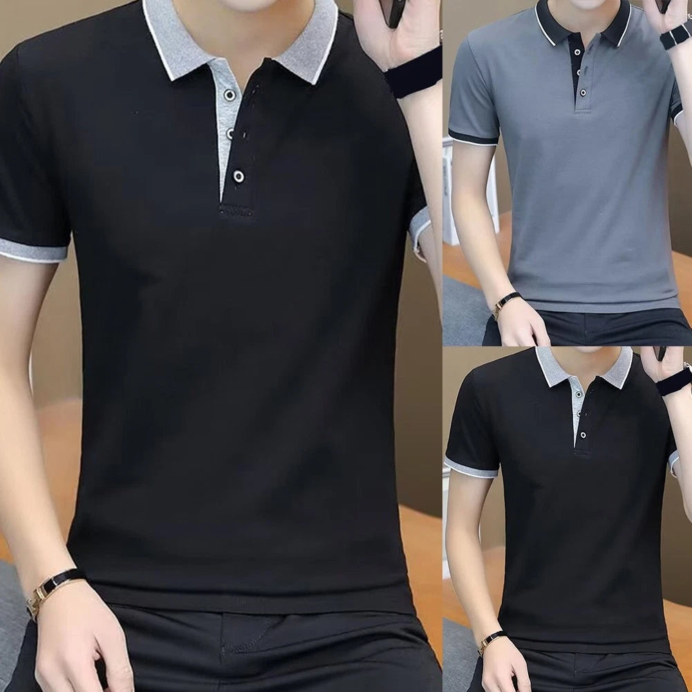 Men's Polyester Spandex Short Sleeve T-Shirt Slim Fit Ribbed Turn Down Collar