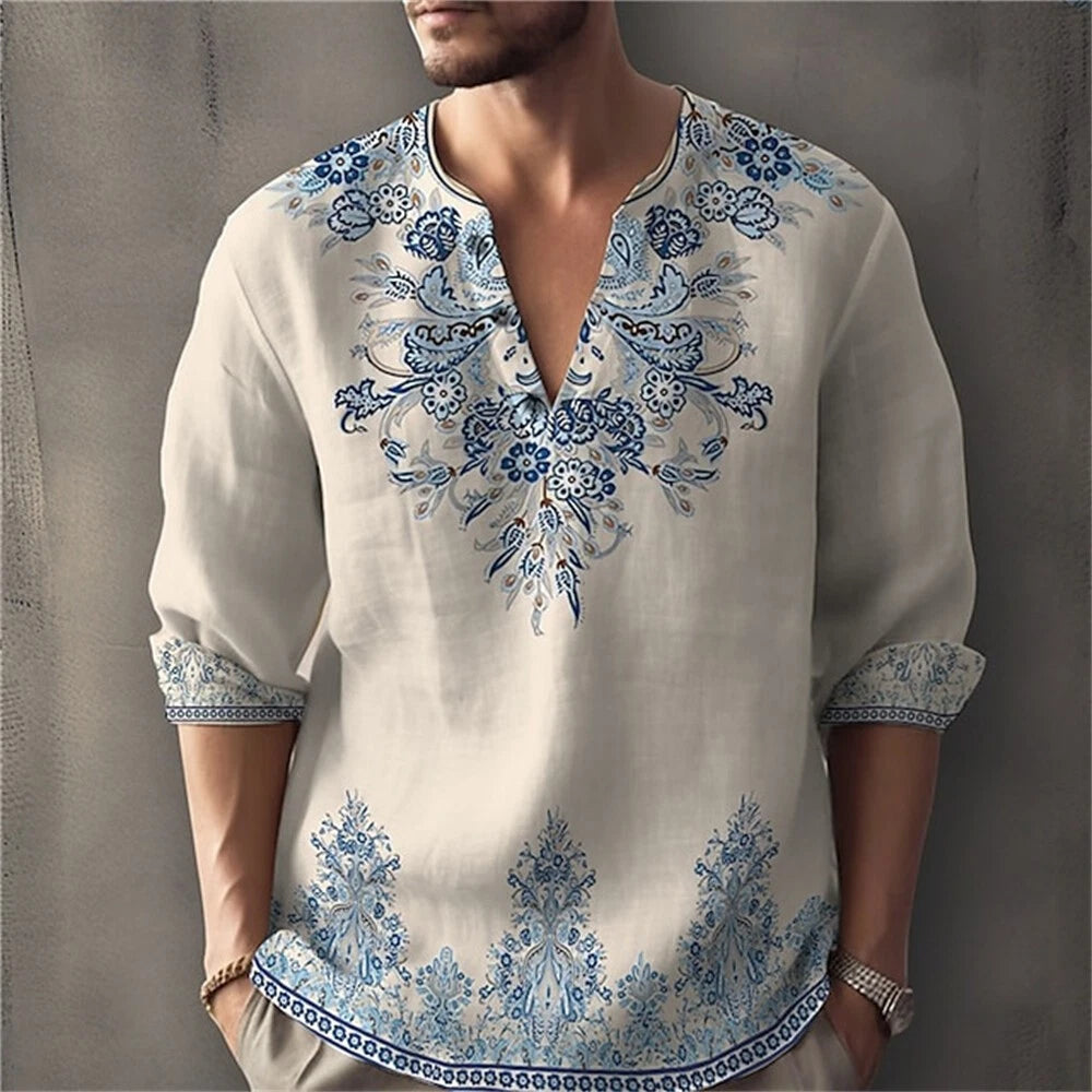 Men's Printed Shirt Casual Slim Shirts Long Sleeve V-neck Tops Blouse