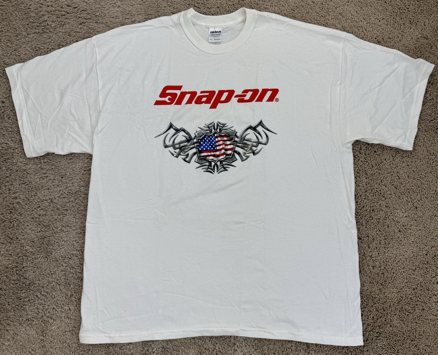 Vtg Snap On Tools T Shirt Mens XXL White Script W/American Flag Over Shield NOS