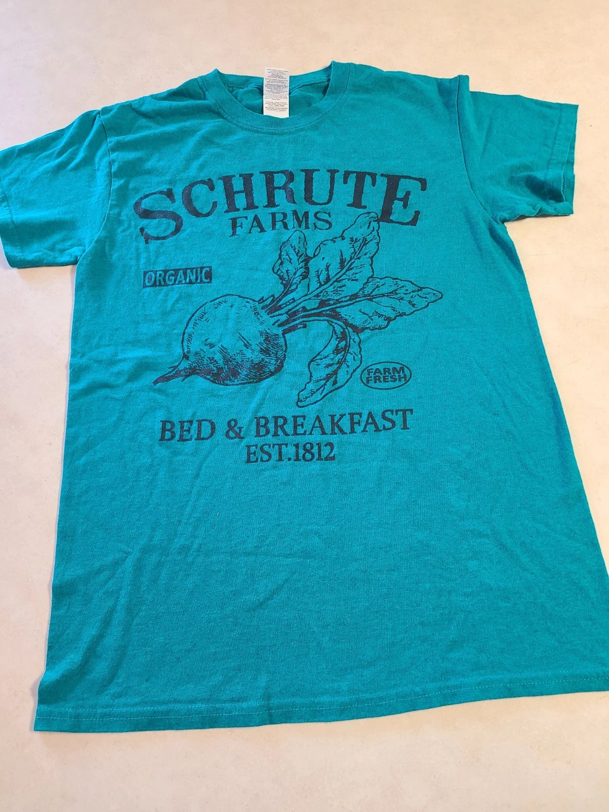 Schrute Farms Beets The Office Teal Blue Tee T-shirt Size Small Dwight B7