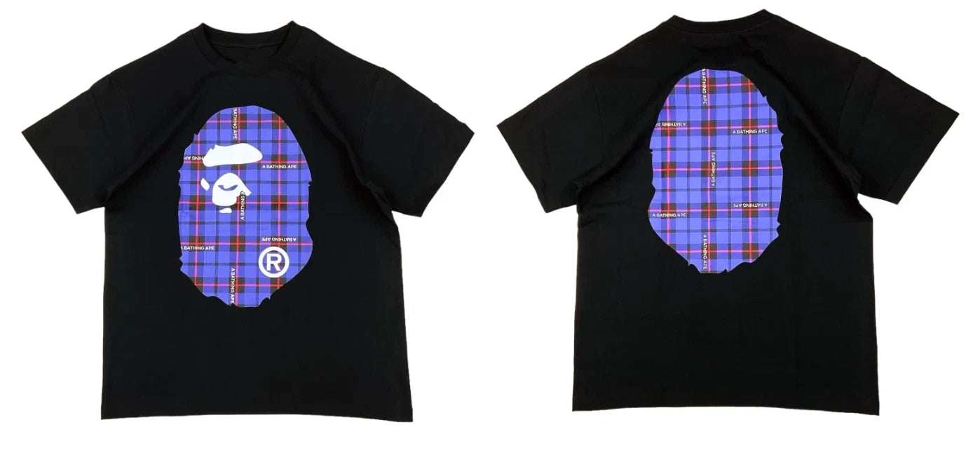 A Bathing Ape Logo Check Big Ape Head Graphic Tee Black Blue T-S shirt