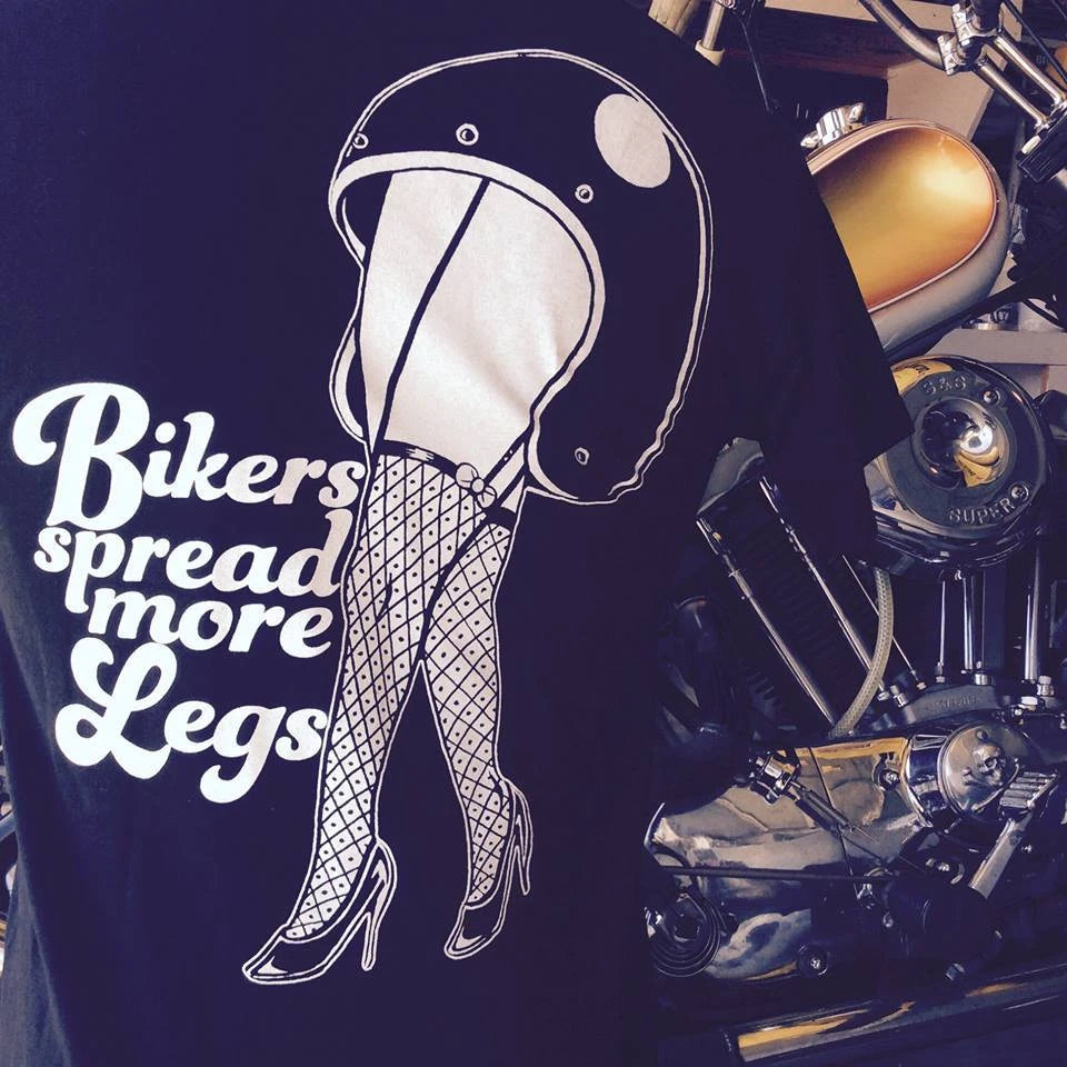 BIKERS SPREAD MORE LEGS T SHIRT! old school chopper shirt patch badge vintage