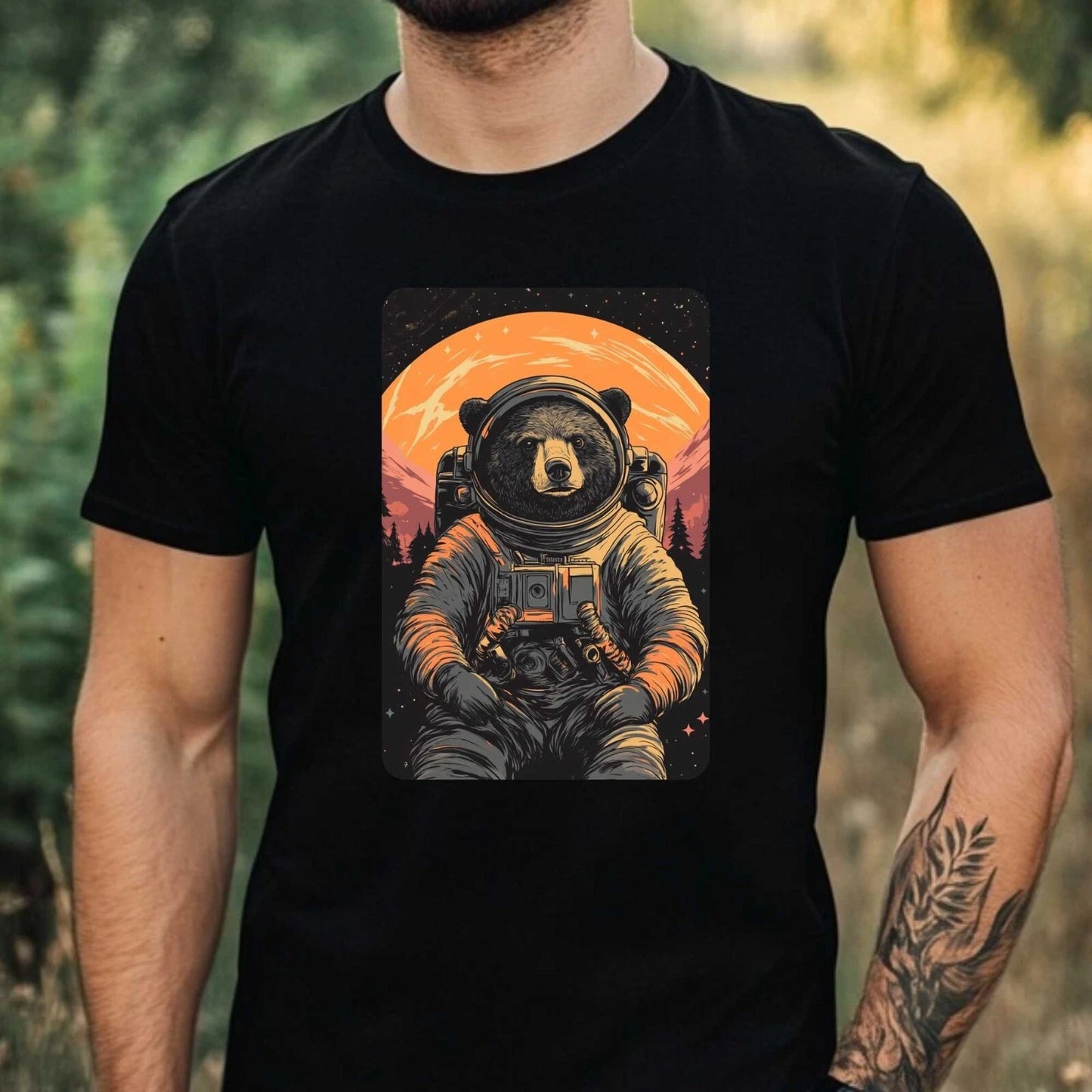 Mens Black Bear Astronaut Print Cotton T-Shirt Size XS to 5XL