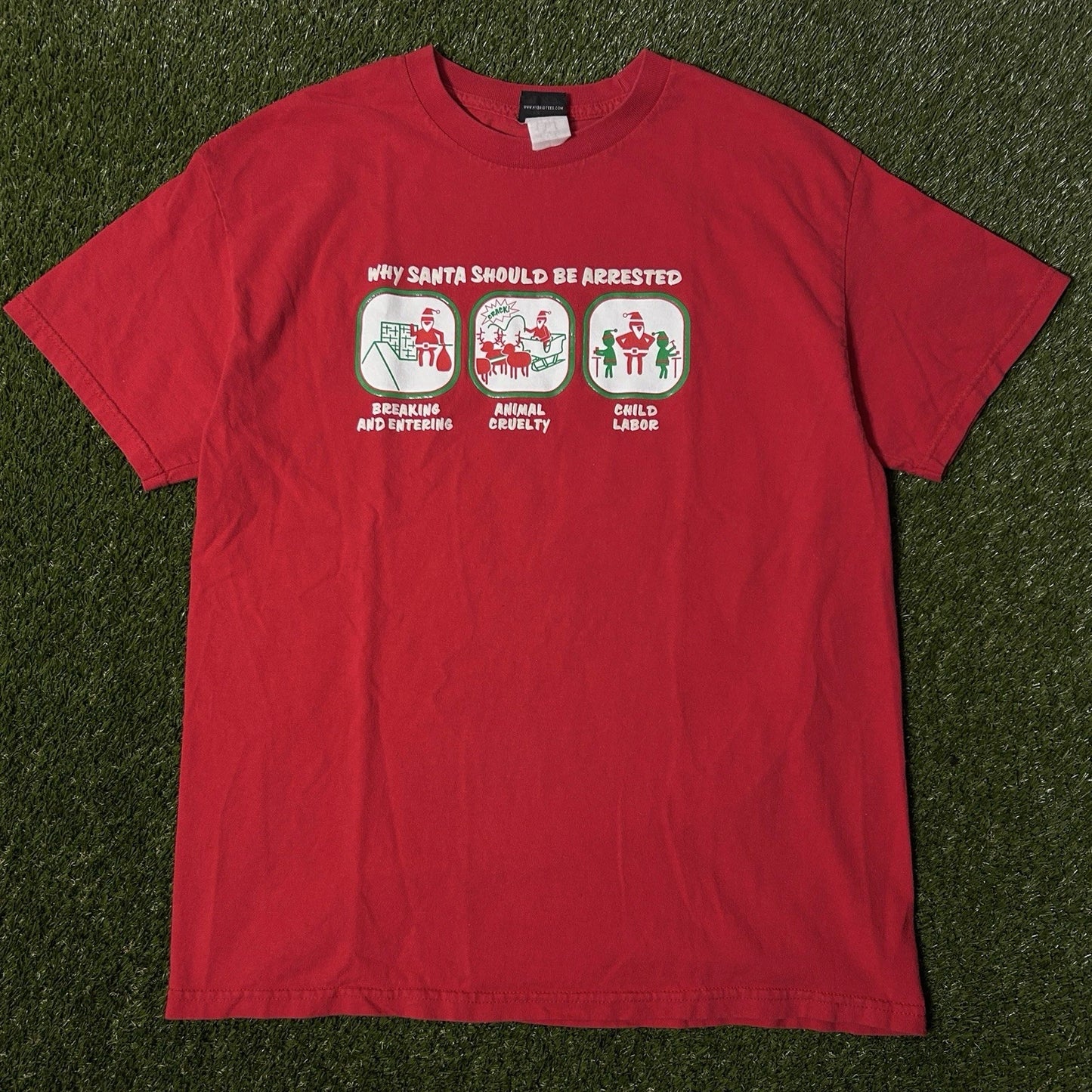 Vintage Y2K Why Santa Should Be Arrested Funny Graphic Hybrid T-Shirt L
