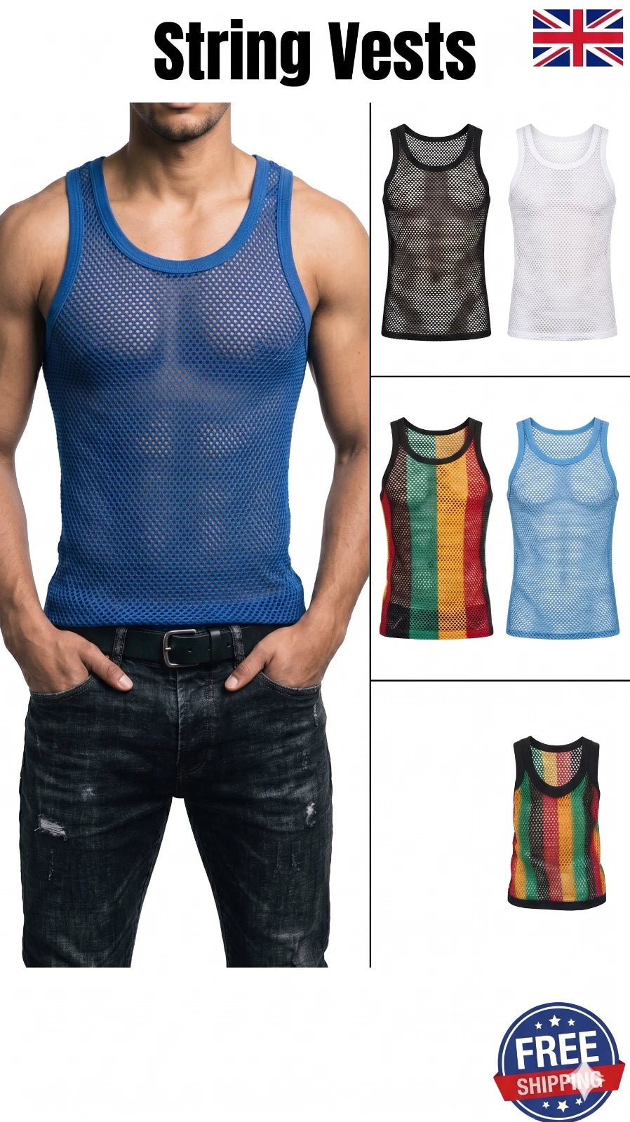 Mens String summer mesh vest top 100% cotton fishnet fitted breathable Tank Gym