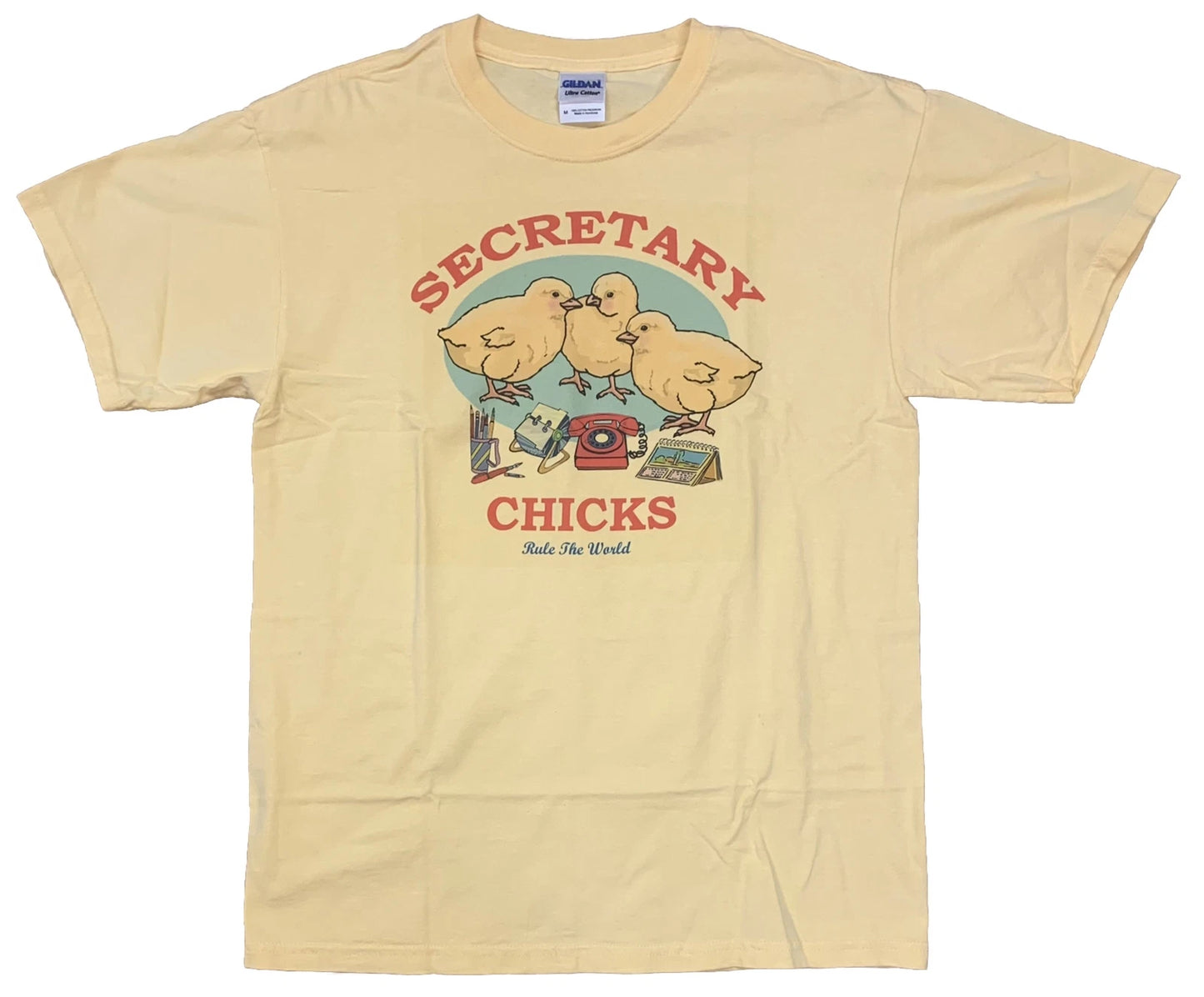 Secretary Chicks Rule The World Humor T-shirt Size Medium Yellow 100% Cotton