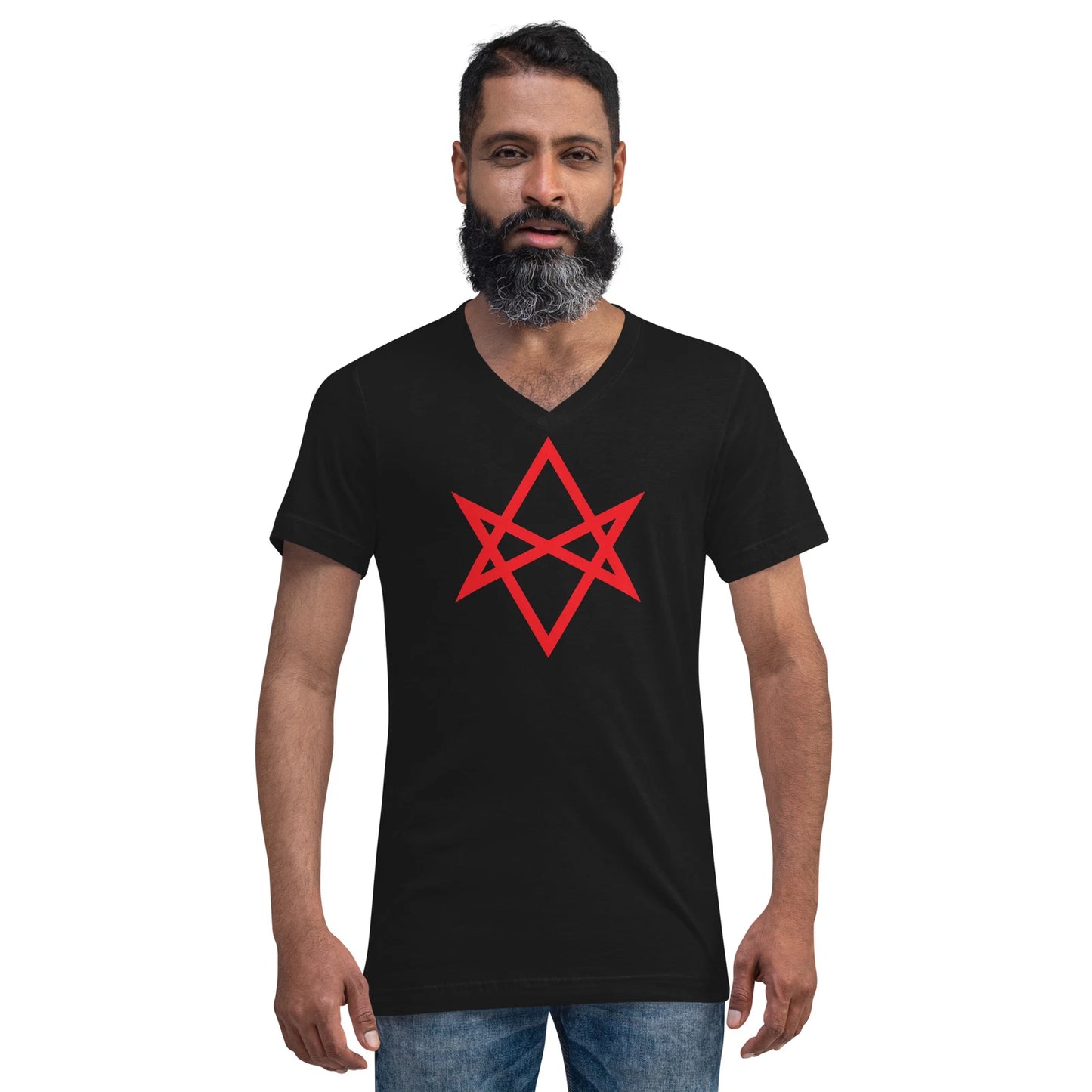 Red Unicursal Hexagram Six Pointed Star Unisex Short Sleeve V-Neck T-Shirt