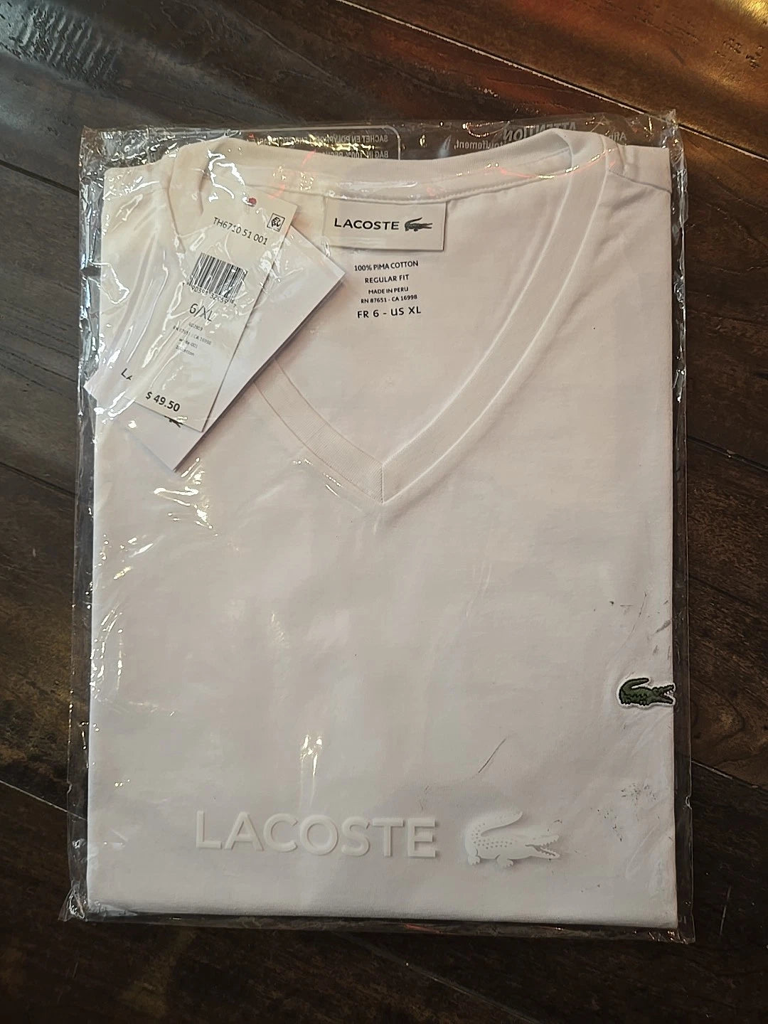Lacoste Pima Cotton V Neck T Shirts 6/XL White TH6710