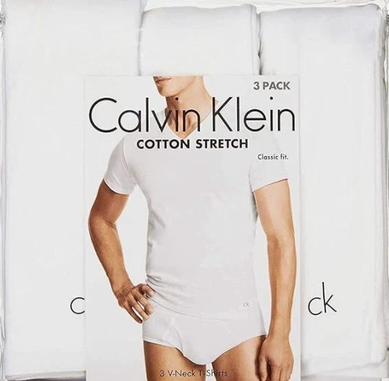 3 PACK CALVIN KLEIN V NECK SIZE XL WHITE COTTON ELASTANE STRETCH T-SHIRTS NWT