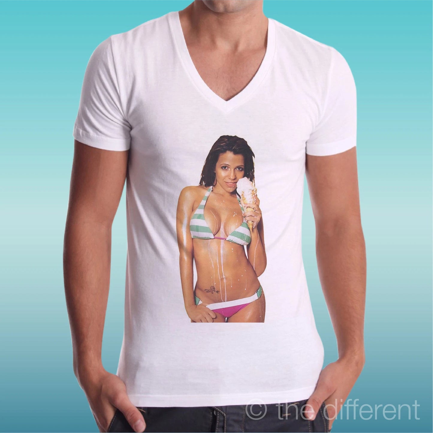 T-shirt White V Neck Jersey Sexy Girl Ice Cream Gift Idea