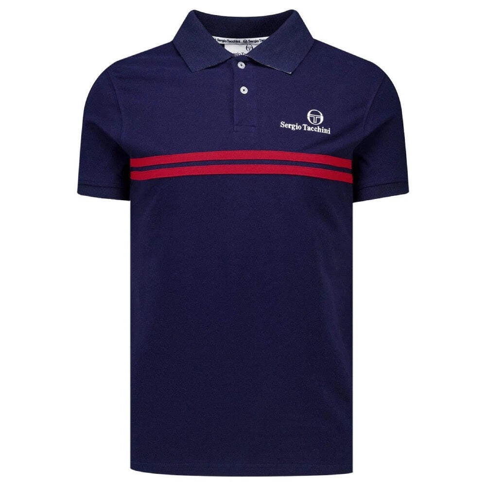 Sergio Tacchini New Supermac Polo Shirt Maritime Blue and Adrenaline Rush Size M