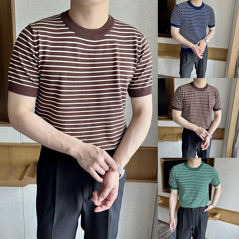 Men's Short Sleeve T Shirt with Crew Neck and Stylish Stripe for Casual Wear