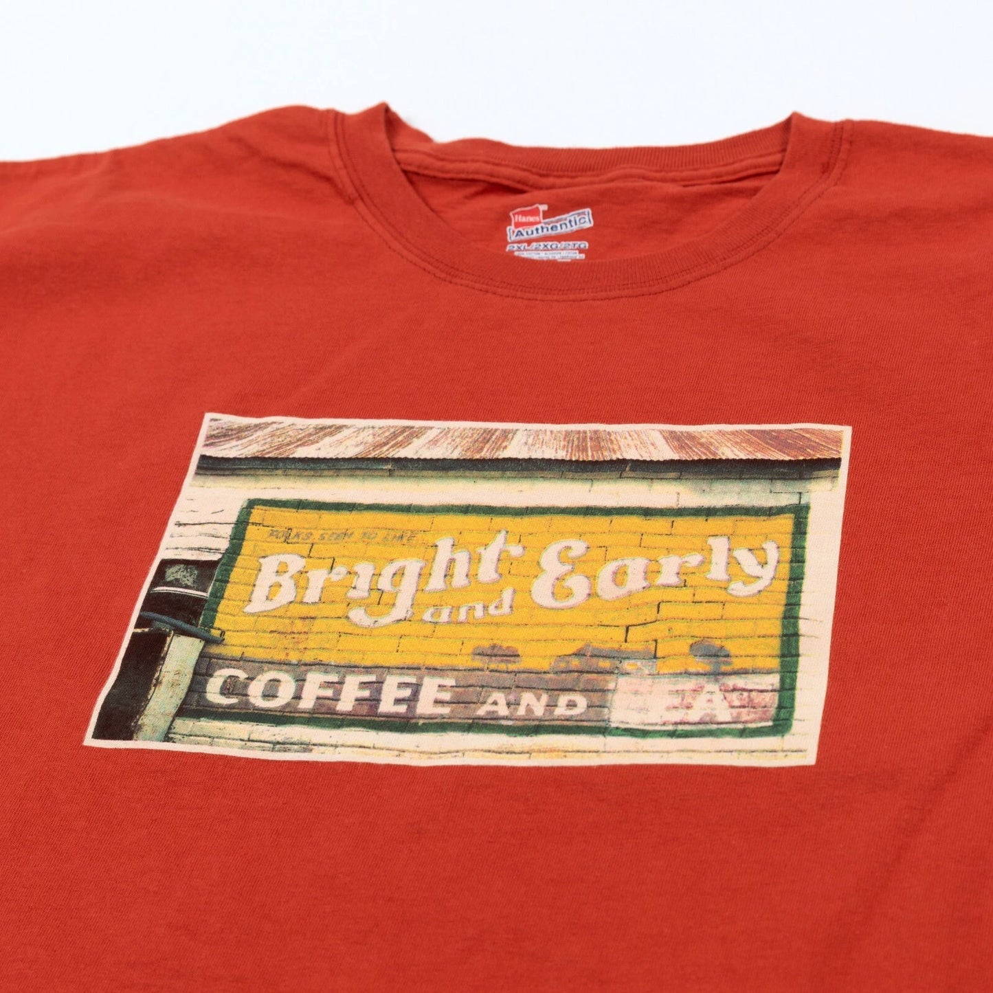 Vintage Bright & Early Coffee Tea Photo T-Shirt 2XL Rust Graphic Retro EUC