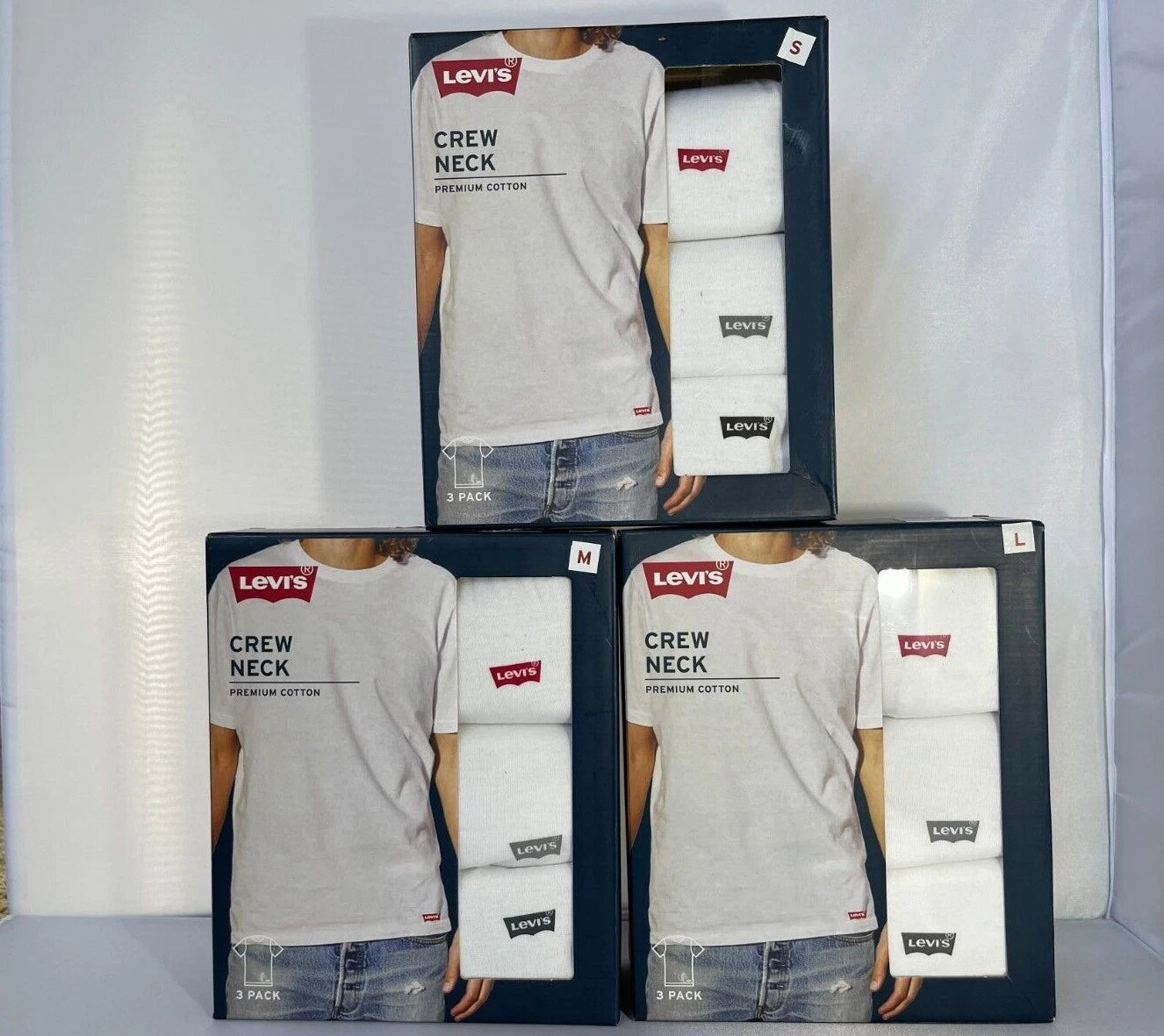 Levi's 3-Pack Men's Crew Neck Premium Cotton T-Shirts Sizes: S, M, L, White