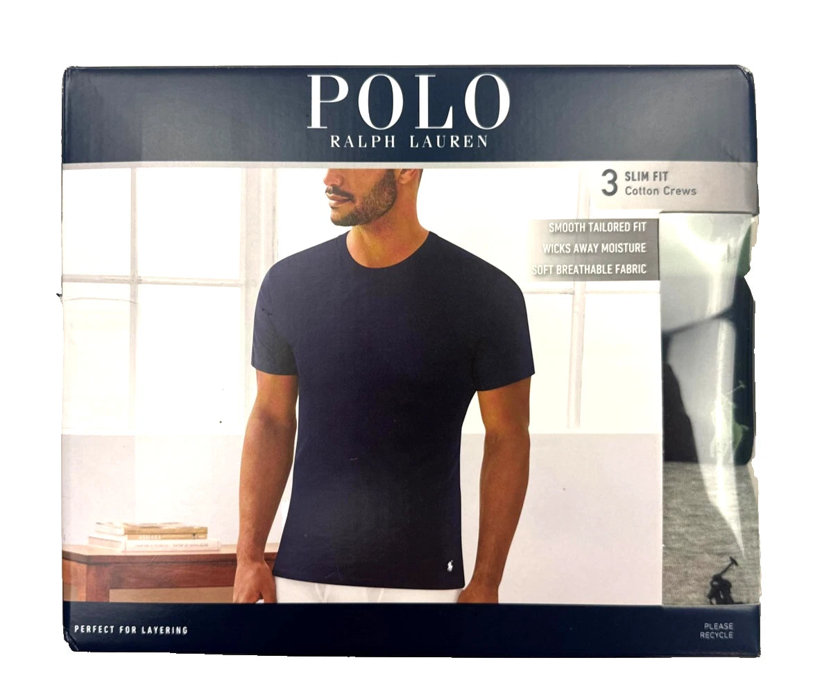 Polo Ralph Lauren Shirt Mens Medium 3-Pack Slim Fit Cotton Crew Navy Green Grey