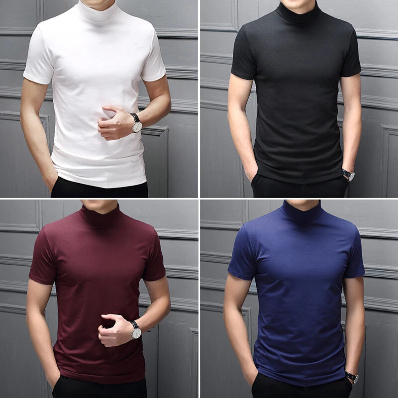 Mens Mock Turtleneck T-shirt Pullover Short Sleeve Solid Slim Fit Top Undershirt