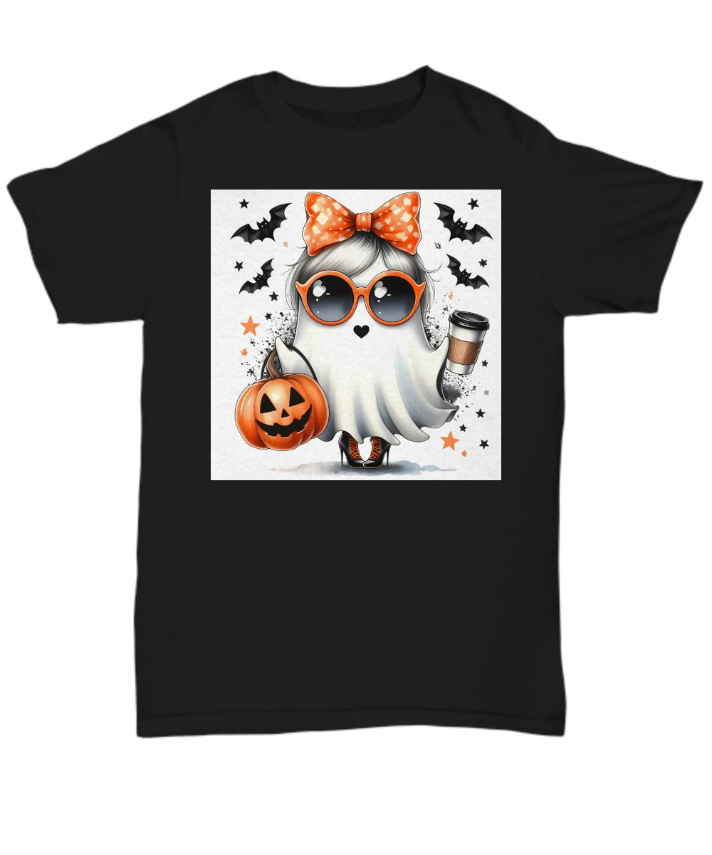 Halloween T-Shirt, Adorable Girl Ghost Tee, Bats, Pumpkin and Coffee Shirt - Un