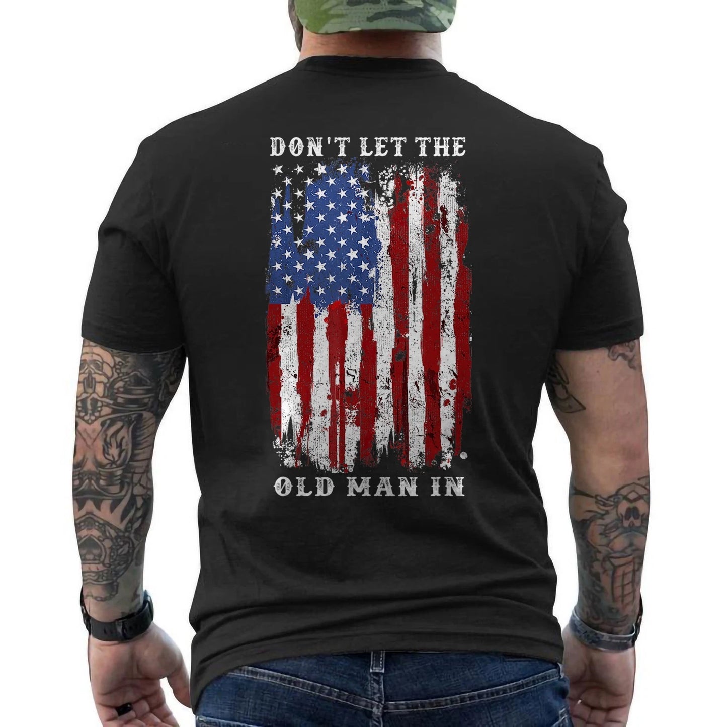 Don't Let The Old Man In Vintage American Flag ON BACK T-Shirt