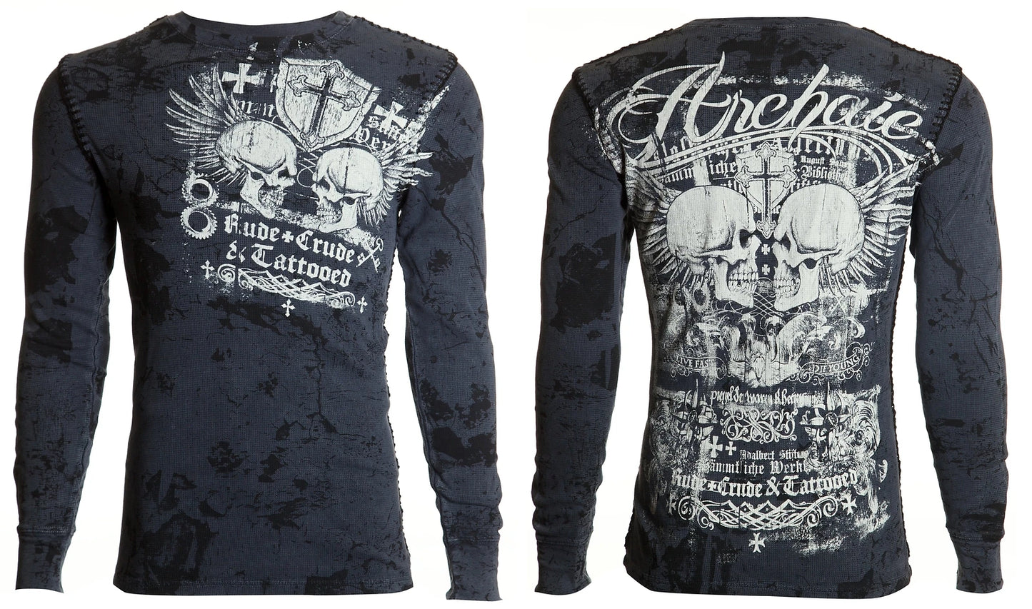 Archaic by Affliction Men's Thermal Shirt CRUDE Skull Biker Charcoal