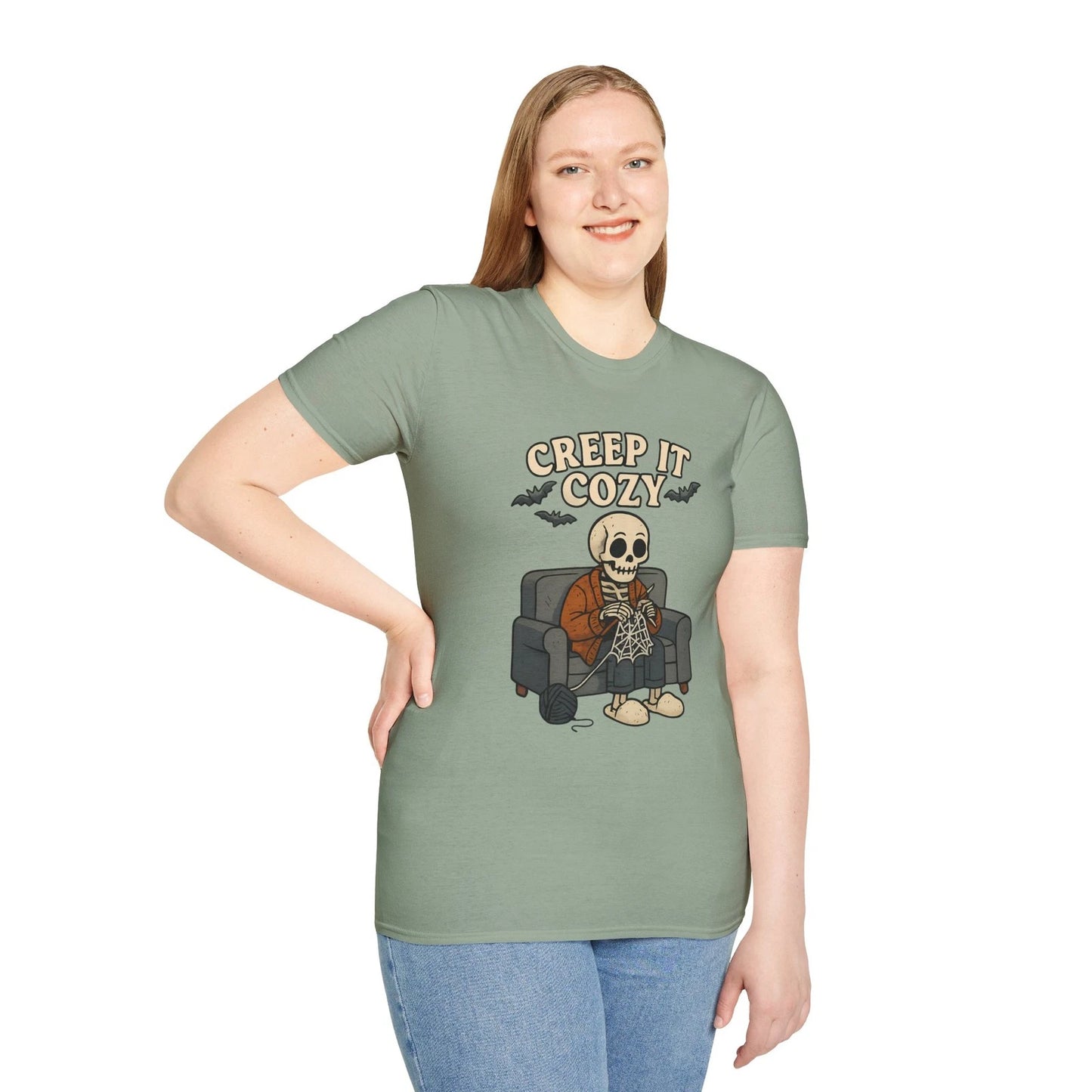 Unisex Softstyle T-Shirt Creep It Cozy Funny Skeleton Knitting Halloween Cobweb