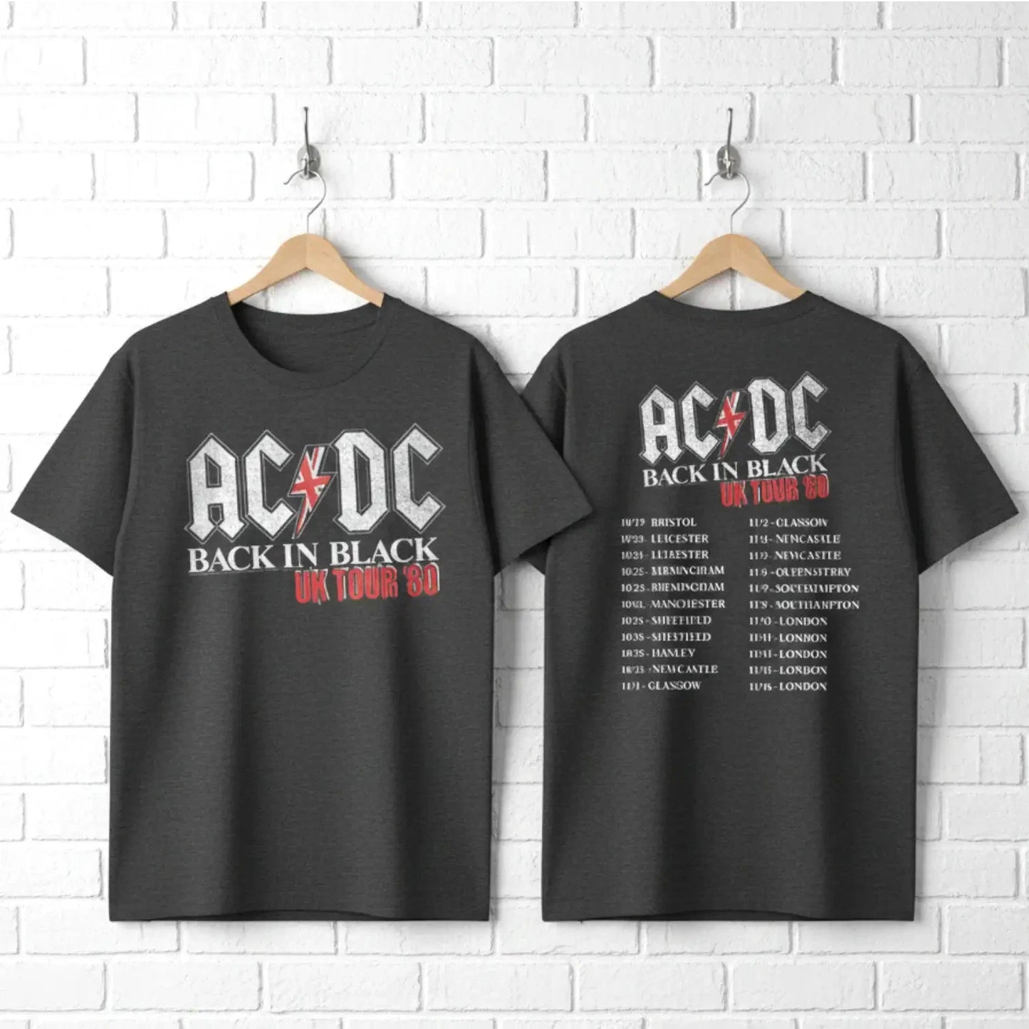 ACDC Back in Black UK Tour 1980 Mens T Shirt Vintage Rock Band Album Music Merch